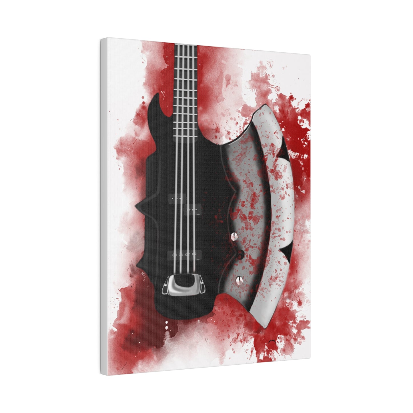 Digital painting of a bloody axe bass guitar printed on canvas
