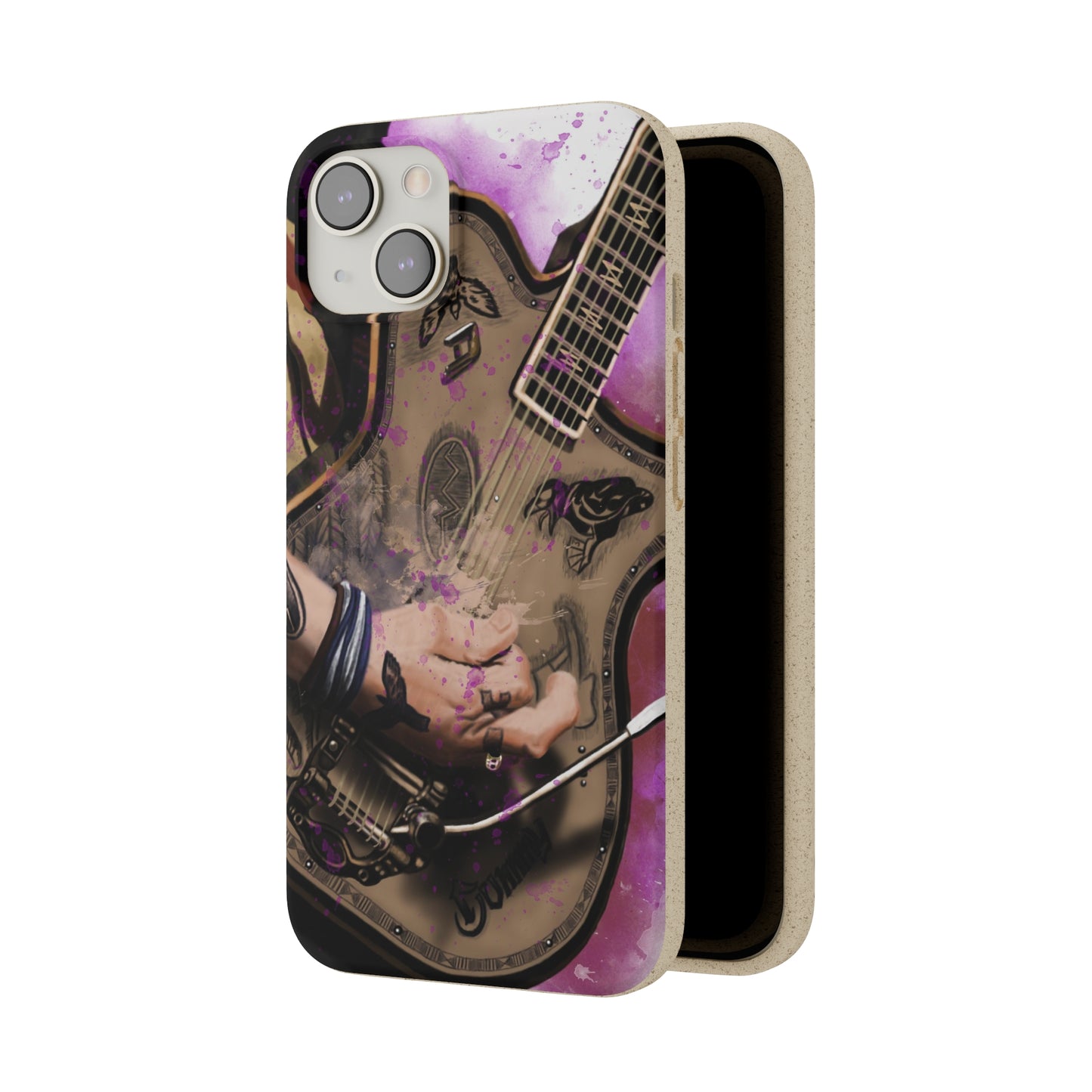 digital painting of an electric guitar with tattooed hand printed on a biodegradable iphone phone case