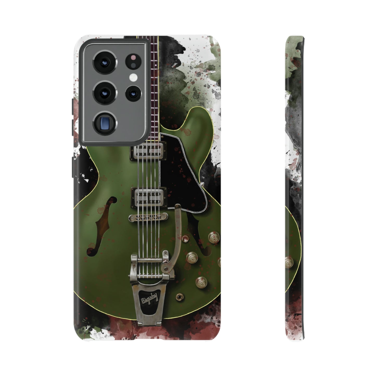 digital painting of a green electric guitar printed on a samsung phone case