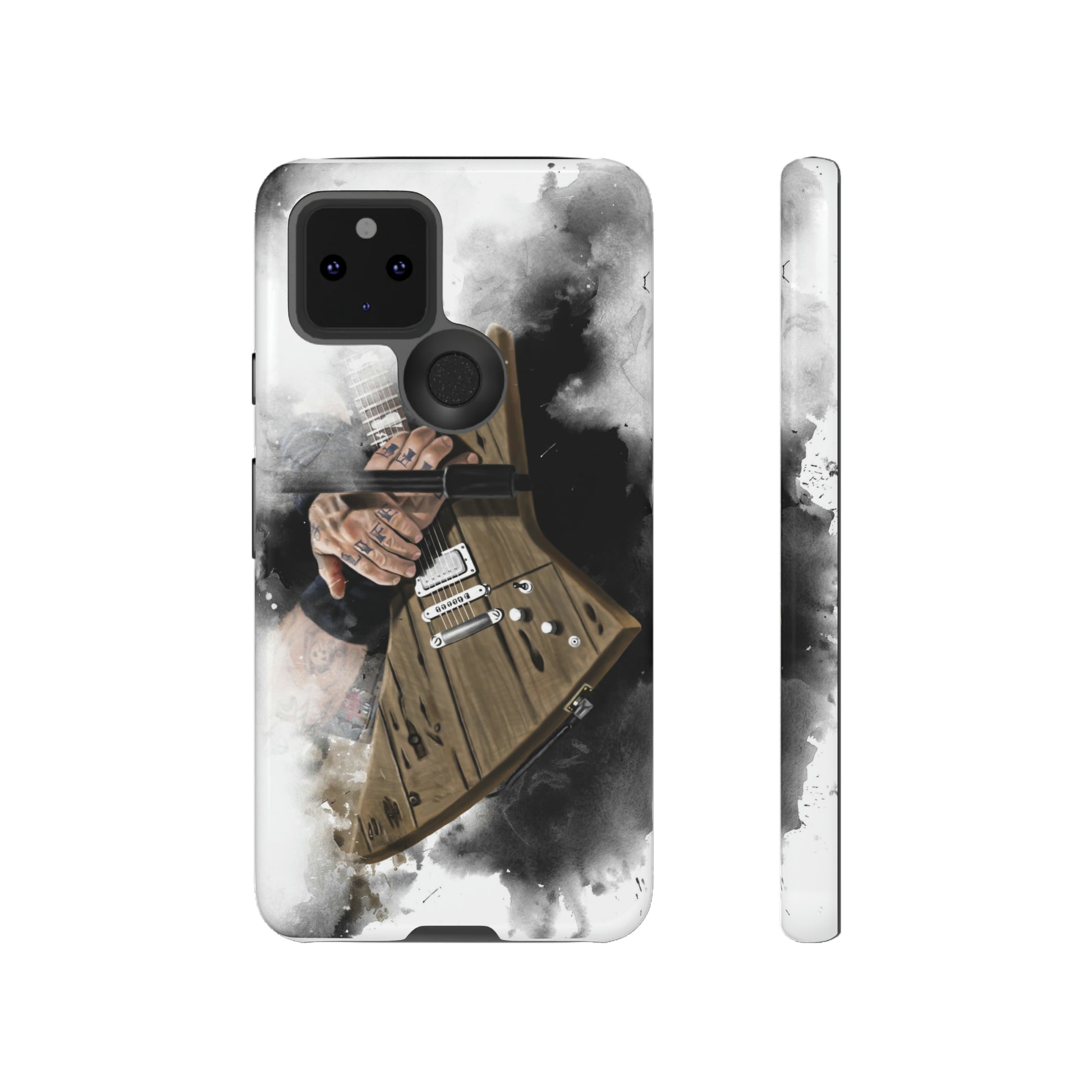 Digital painting of a brown electric guitar with hands printed on a google phone case