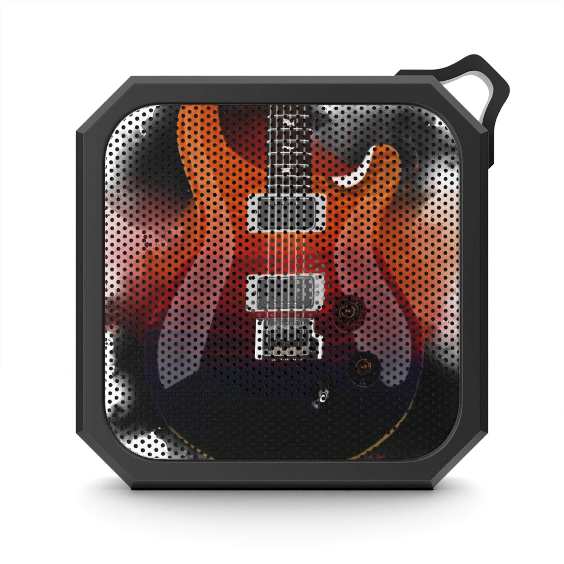 digital painting of a blue-orange-red electric guitar printed on a bluetooth speaker