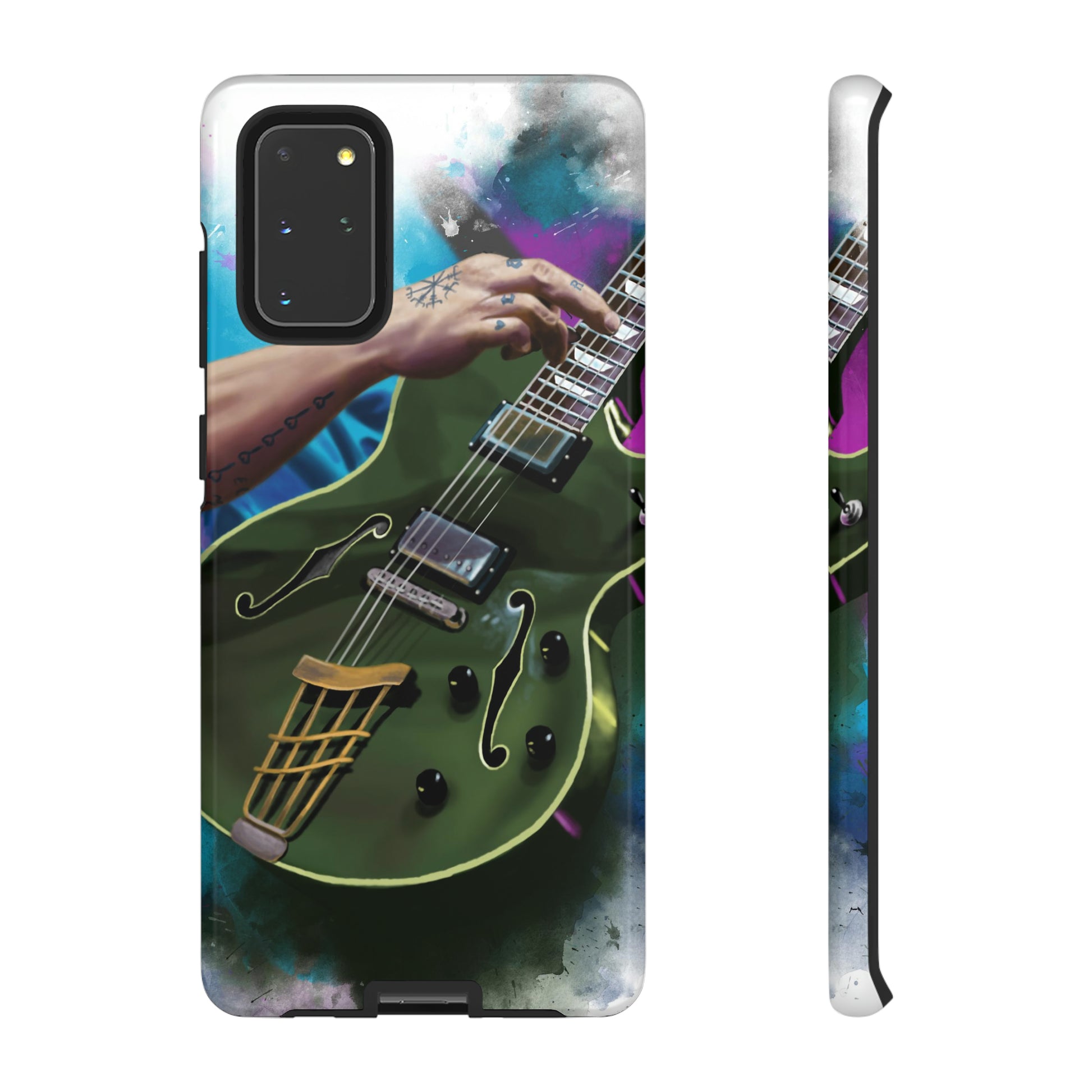 Digital painting of an olive green electric guitar with hand printed on samsung tough case