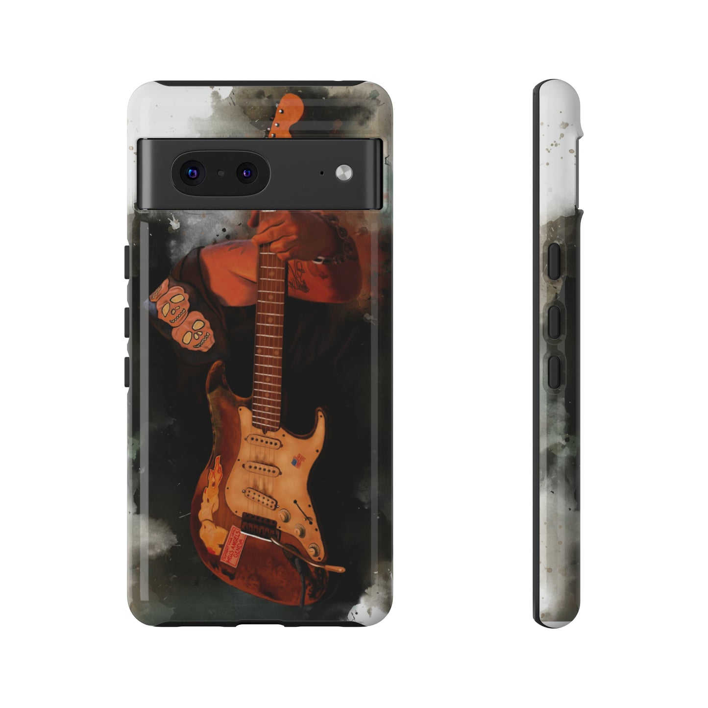 Digital painting of a heavy used vintage sunburst electric guitar with hand printed on google phone case