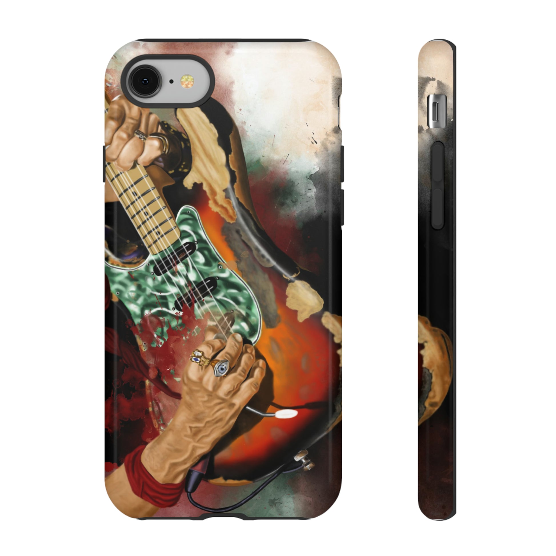 Digital painting of vintage electric guitar with hands printed on iphone phone case