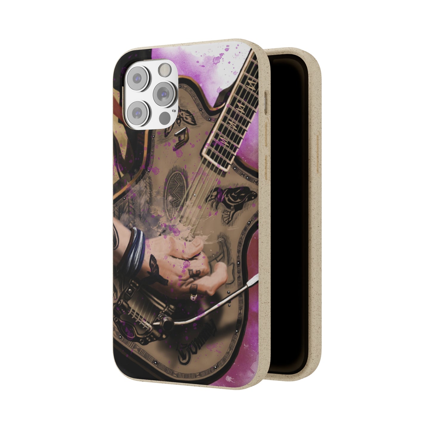 digital painting of an electric guitar with tattooed hand printed on a biodegradable iphone phone case