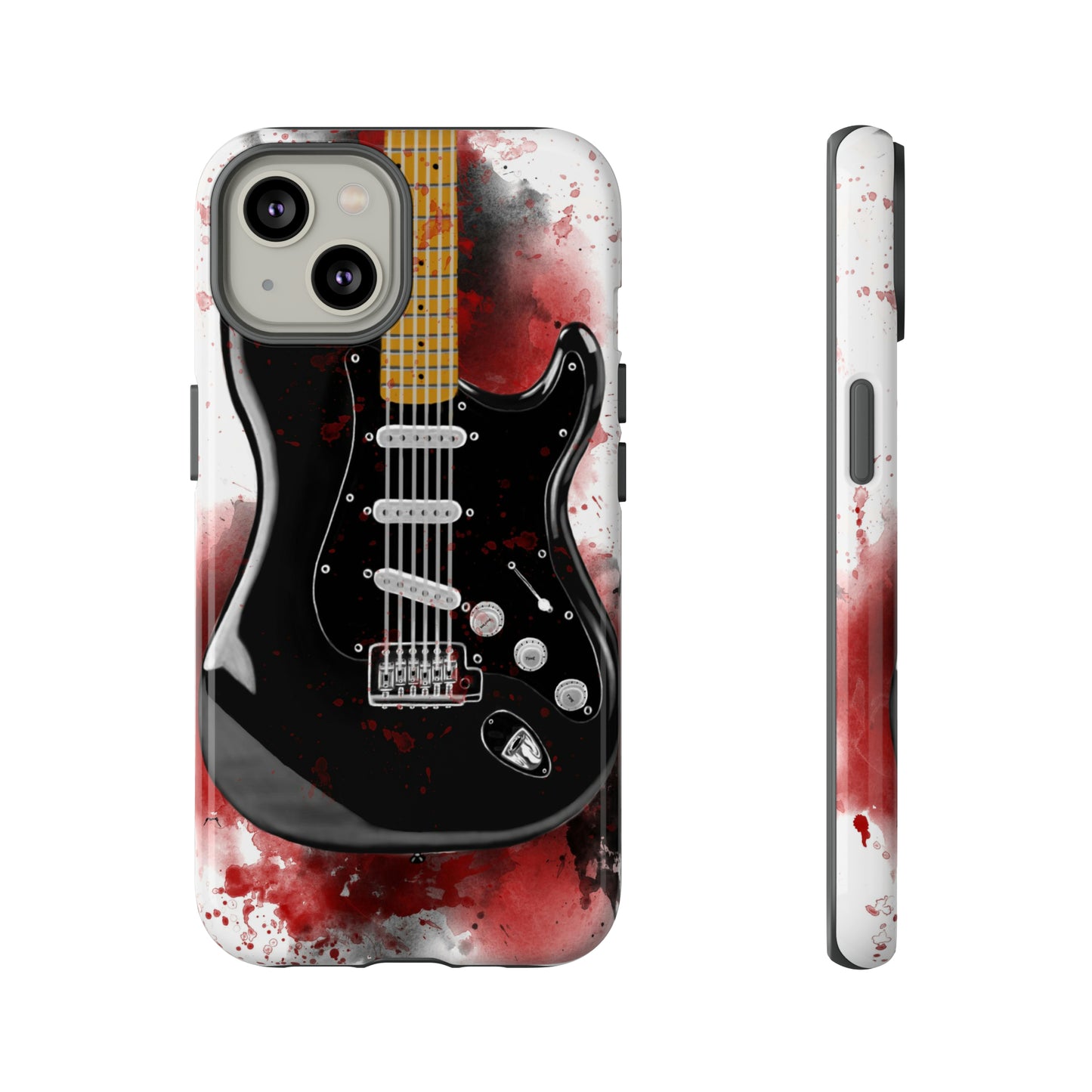 Digital painting of black electric guitar printed on an iphone phone case