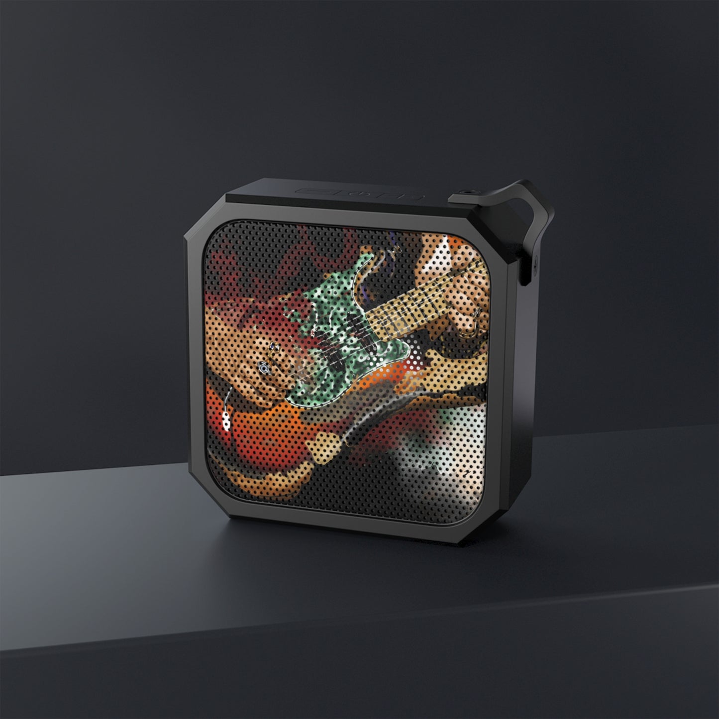 digital painting of a green-vintage sunburst electric guitar with hands printed on a bluetooth speaker