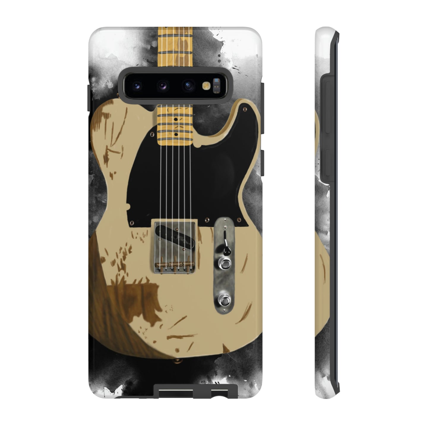 Digital painting of a white-black vintage electric guitar printed on a samsung phone case