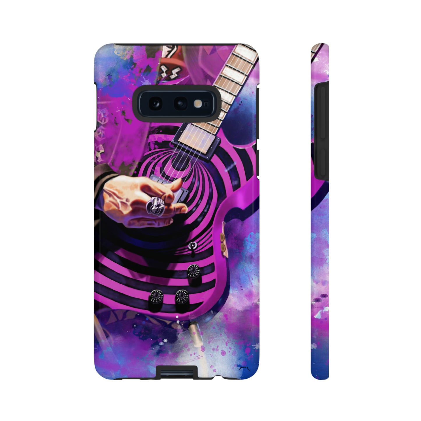 digital painting of a purple-black electric guitar with hand printed on samsung phone case