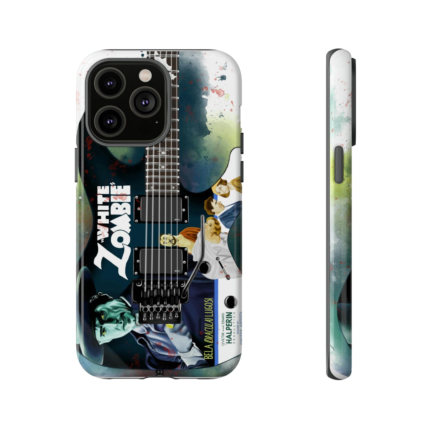 Digital painting of a blue electric guitar with a vintage movie poster on it printed on iphone phone case