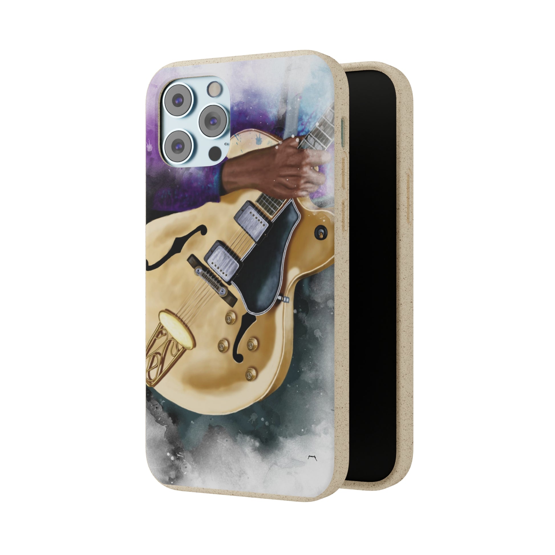 Digital painting of a vintage white hollowbody electric guitar with hand printed on a biodegradable iphone phone case