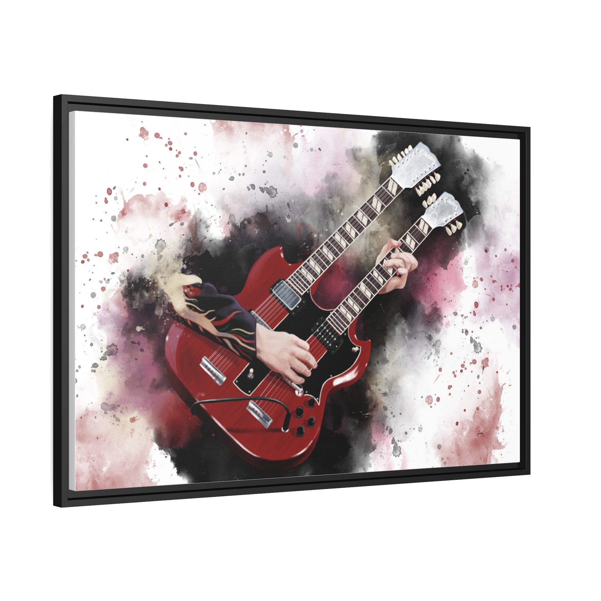 Digital painting of double neck electric guitar printed on canvas.
