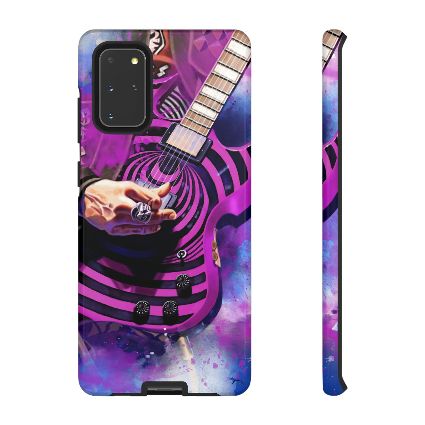 digital painting of a purple-black electric guitar with hand printed on samsung phone case