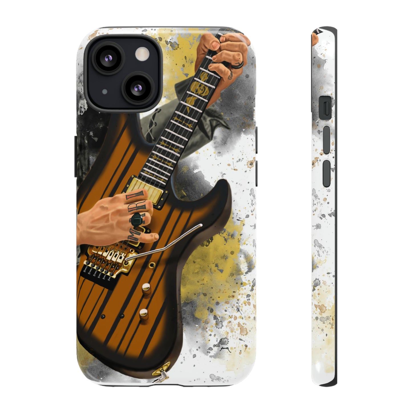 Digital painting of a burst black electric guitar with hands and tattoos printed on iphone tough case