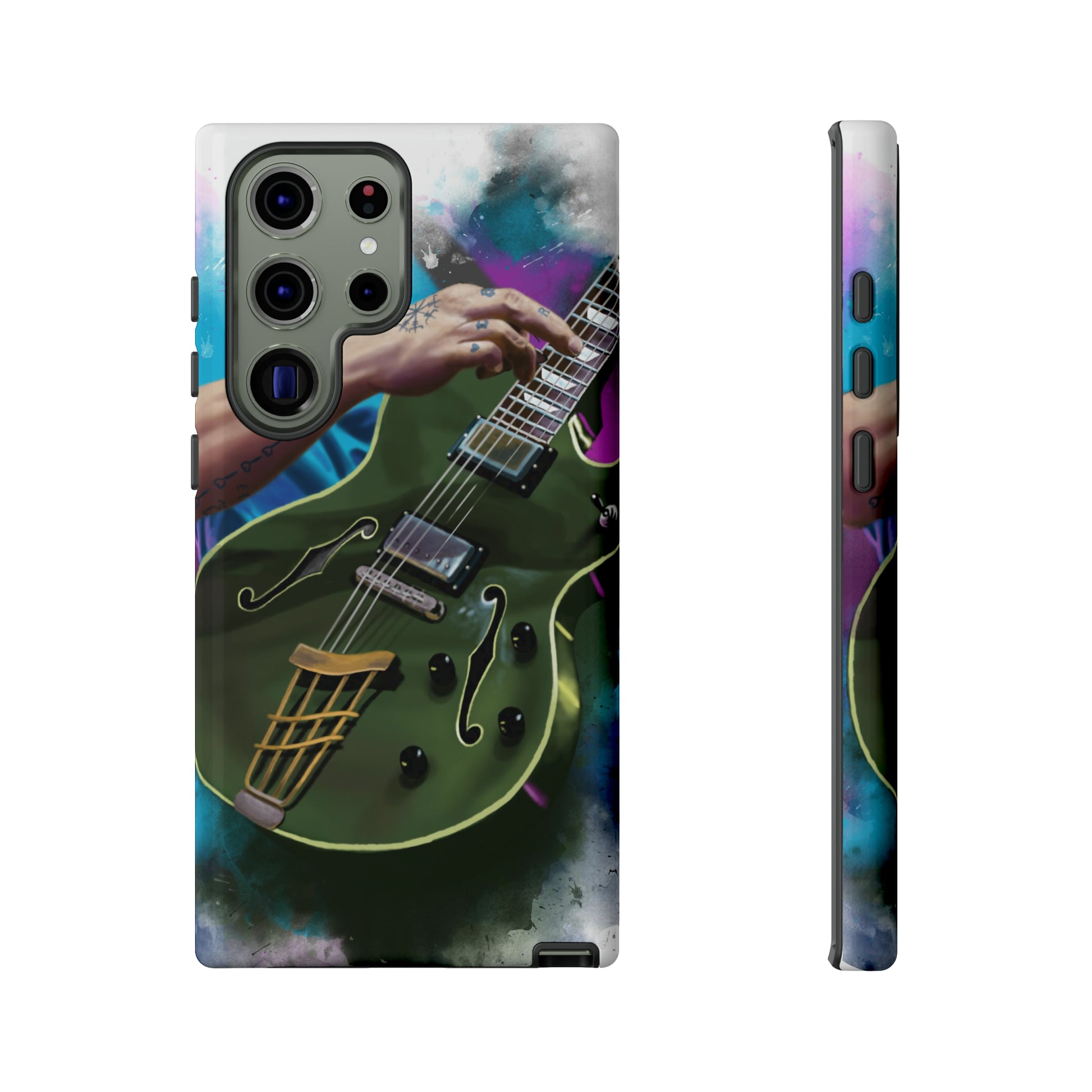 Digital painting of an olive green electric guitar with hand printed on samsung tough case