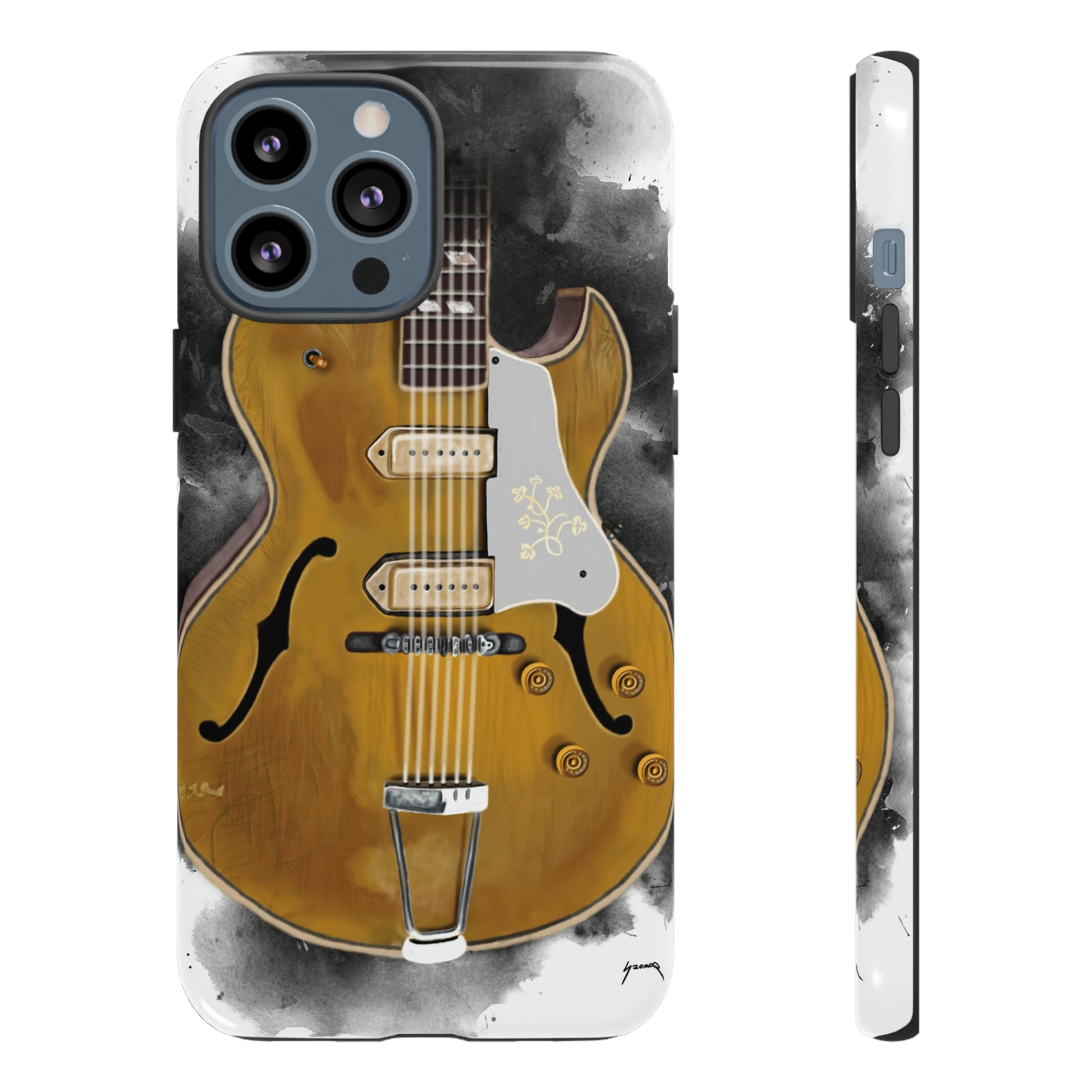 Digital painting of a goldtop vintage electric guitar printed on an iphone phone case