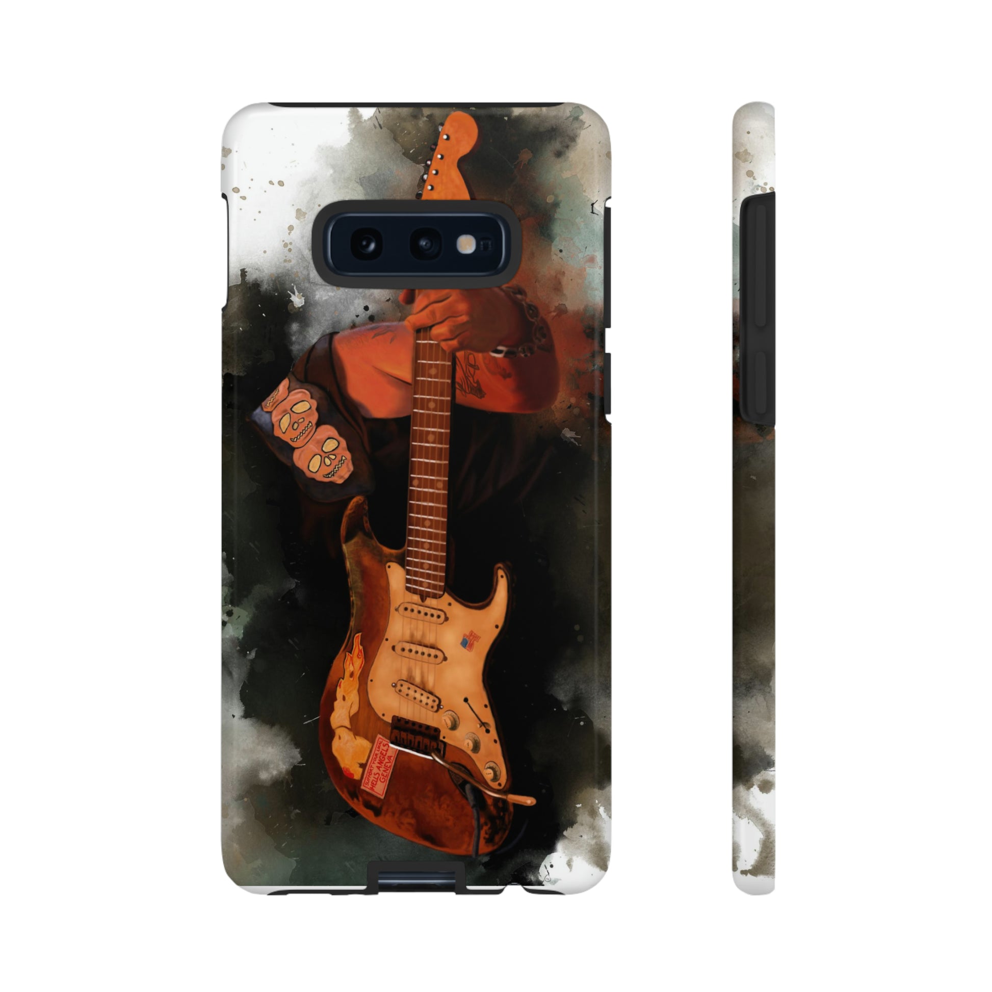 Digital painting of a heavy used vintage sunburst electric guitar with hand printed on samsung phone case