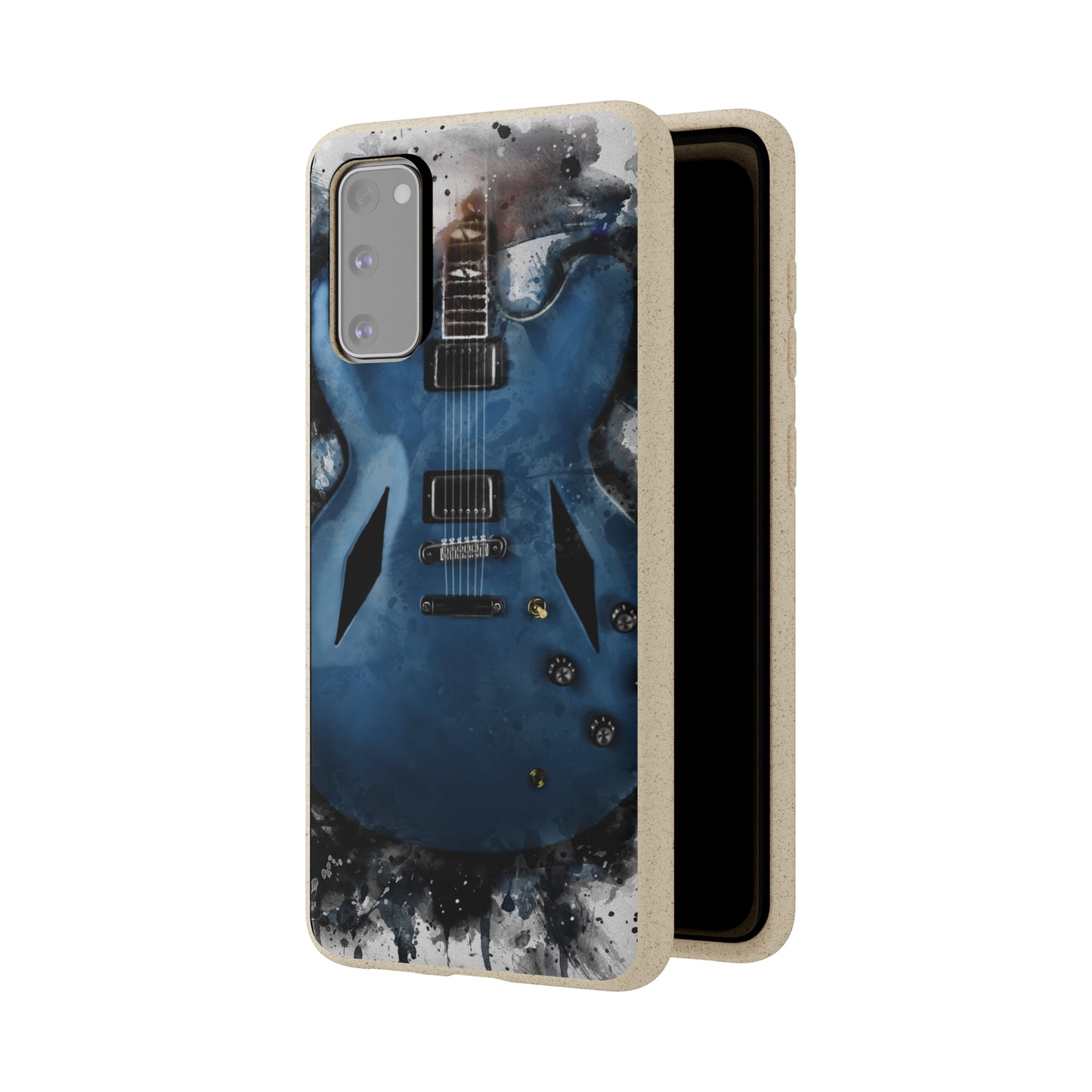 digital painting of a blue electric guitar printed on a biodegradable samsung phone case