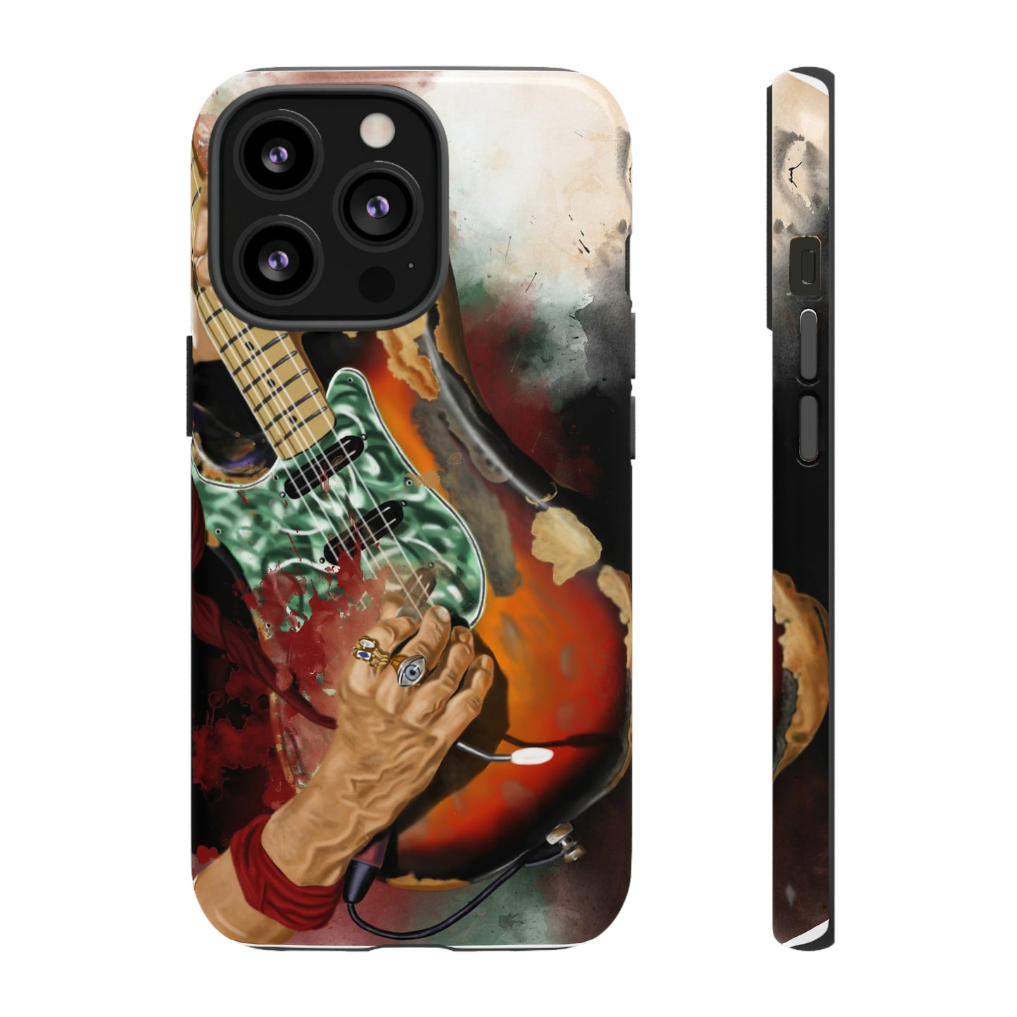 Digital painting of vintage electric guitar with hands printed on iphone phone case