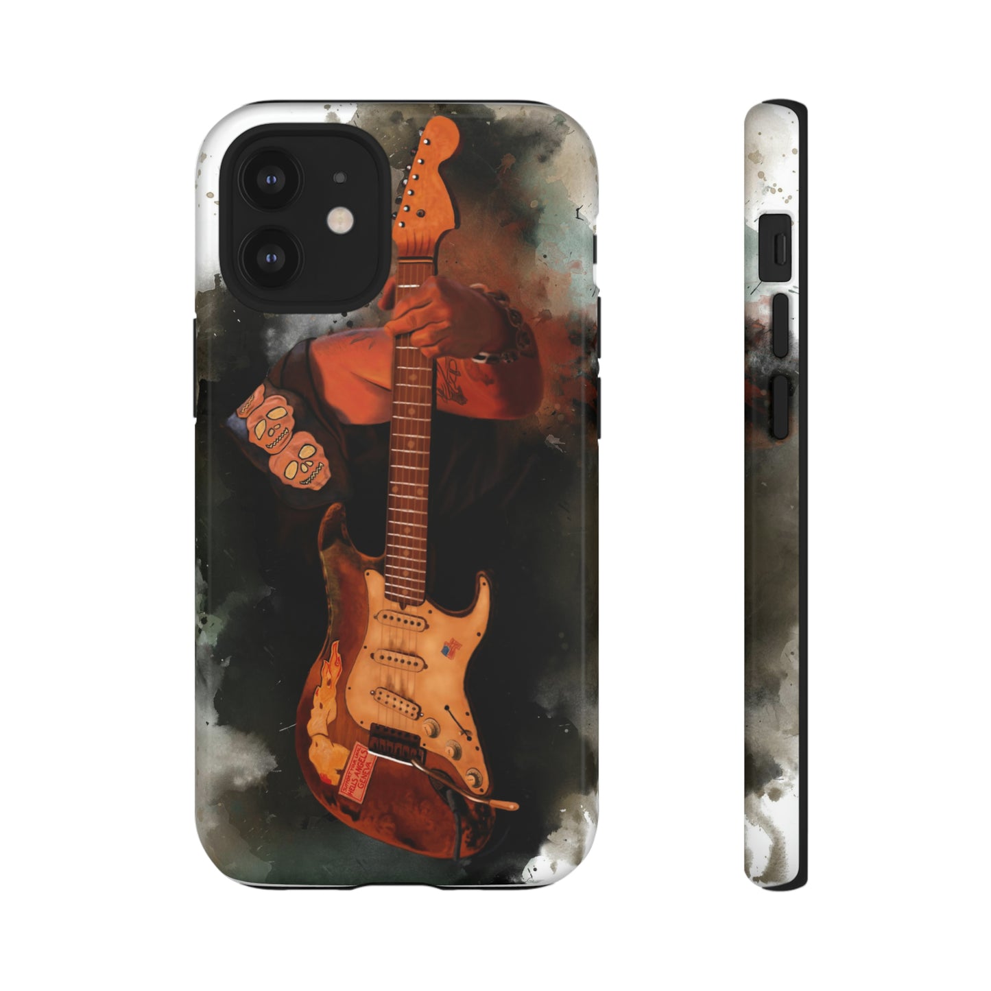 Digital painting of a heavy used vintage sunburst electric guitar with hand printed on iphone phone case