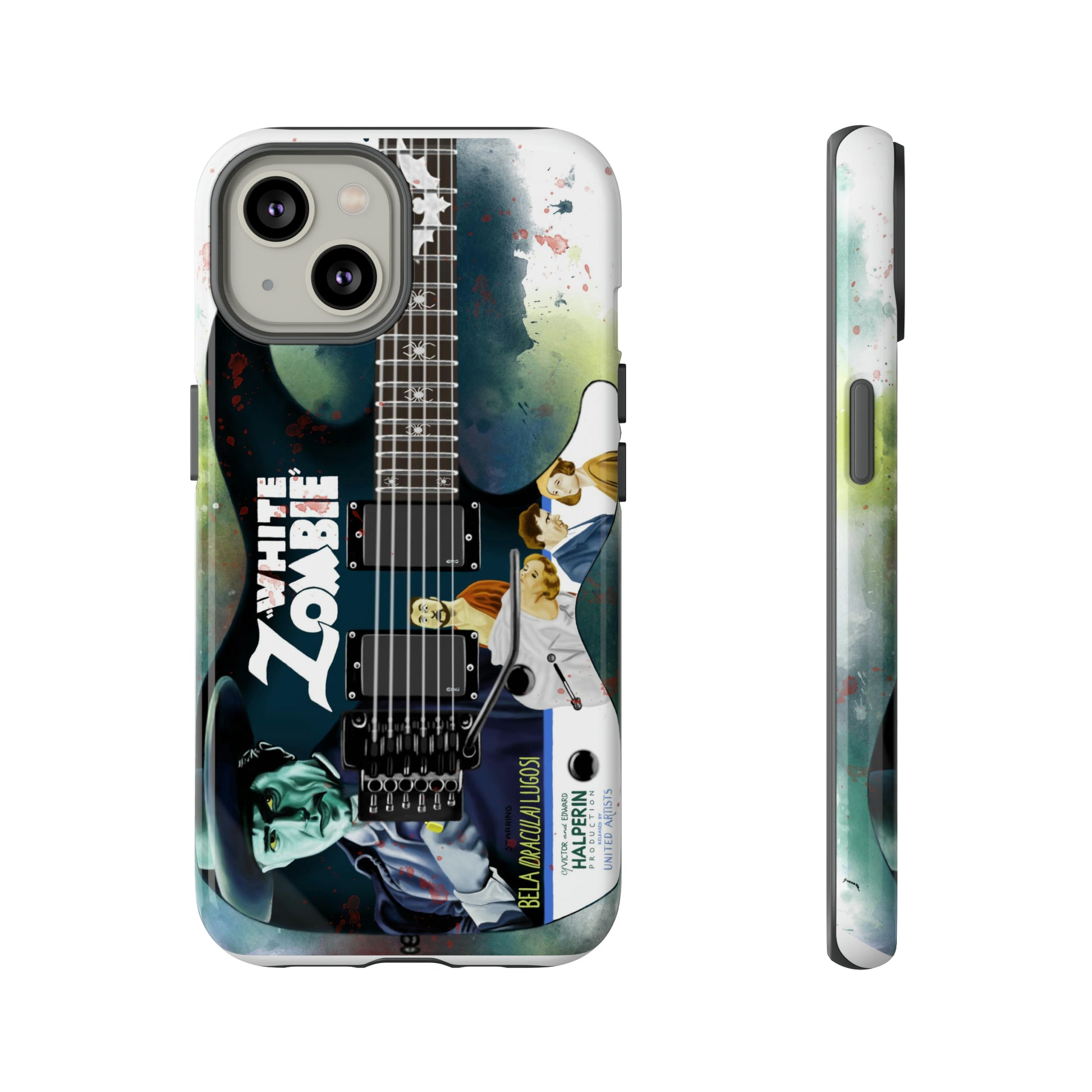 Digital painting of a blue electric guitar with a vintage movie poster on it printed on iphone phone case