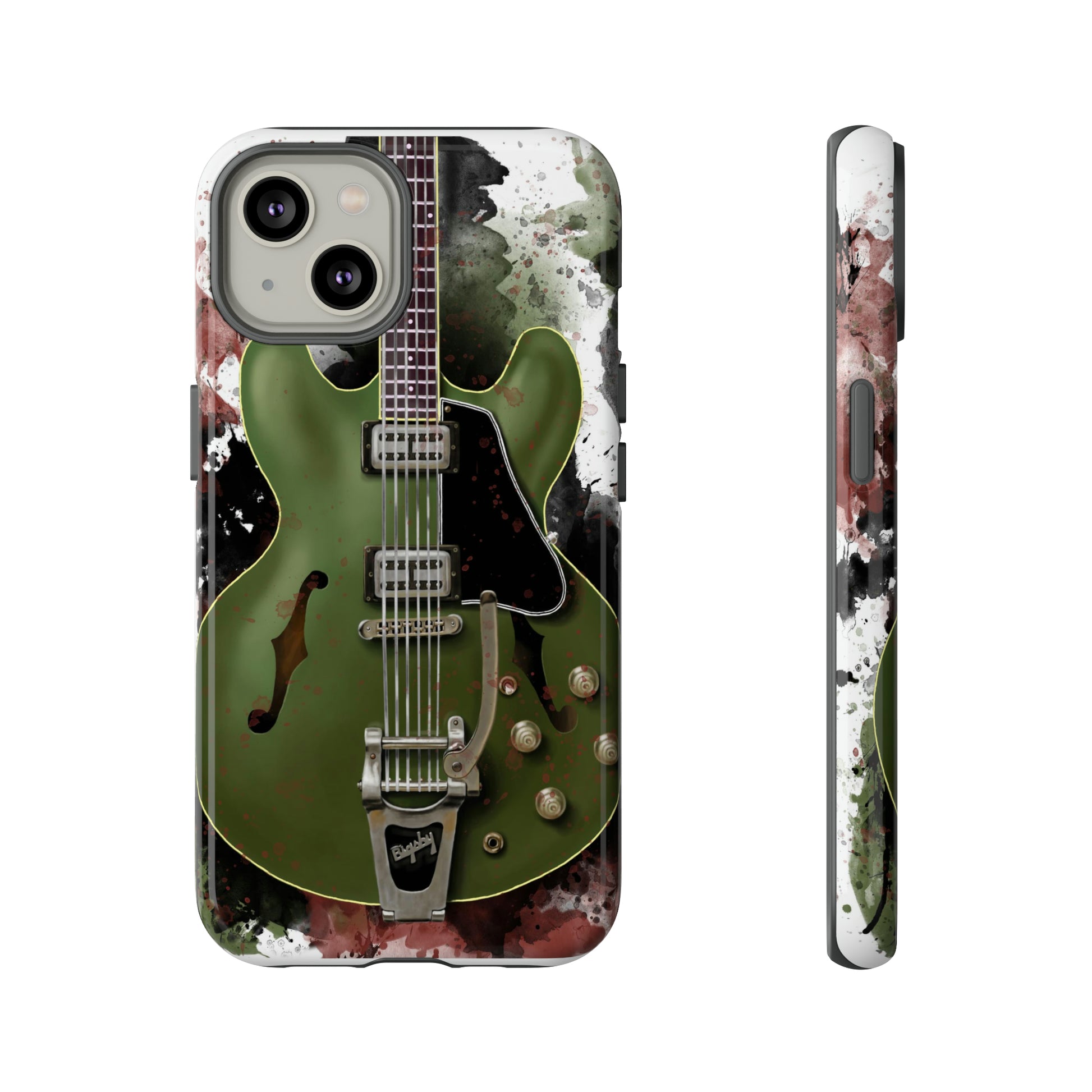 digital painting of a green electric guitar printed on an iphone phone case