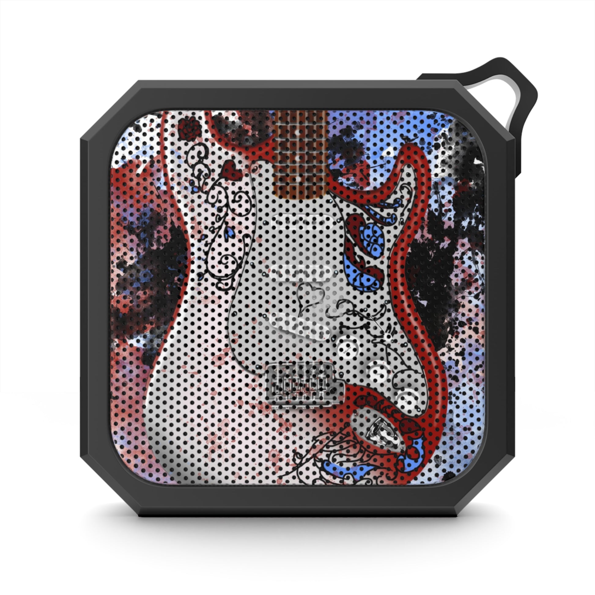 digital painting of a red-white electric guitar with drawings on it printed on a bluetooth speaker