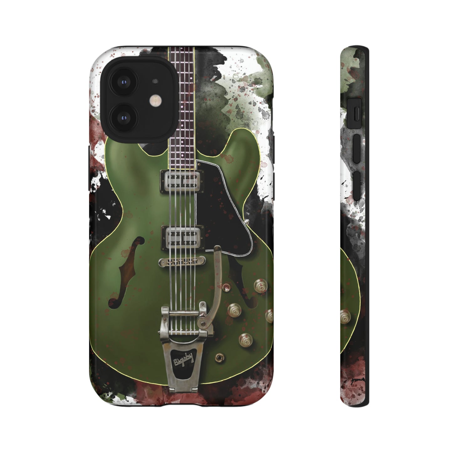 digital painting of a green electric guitar printed on an iphone phone case