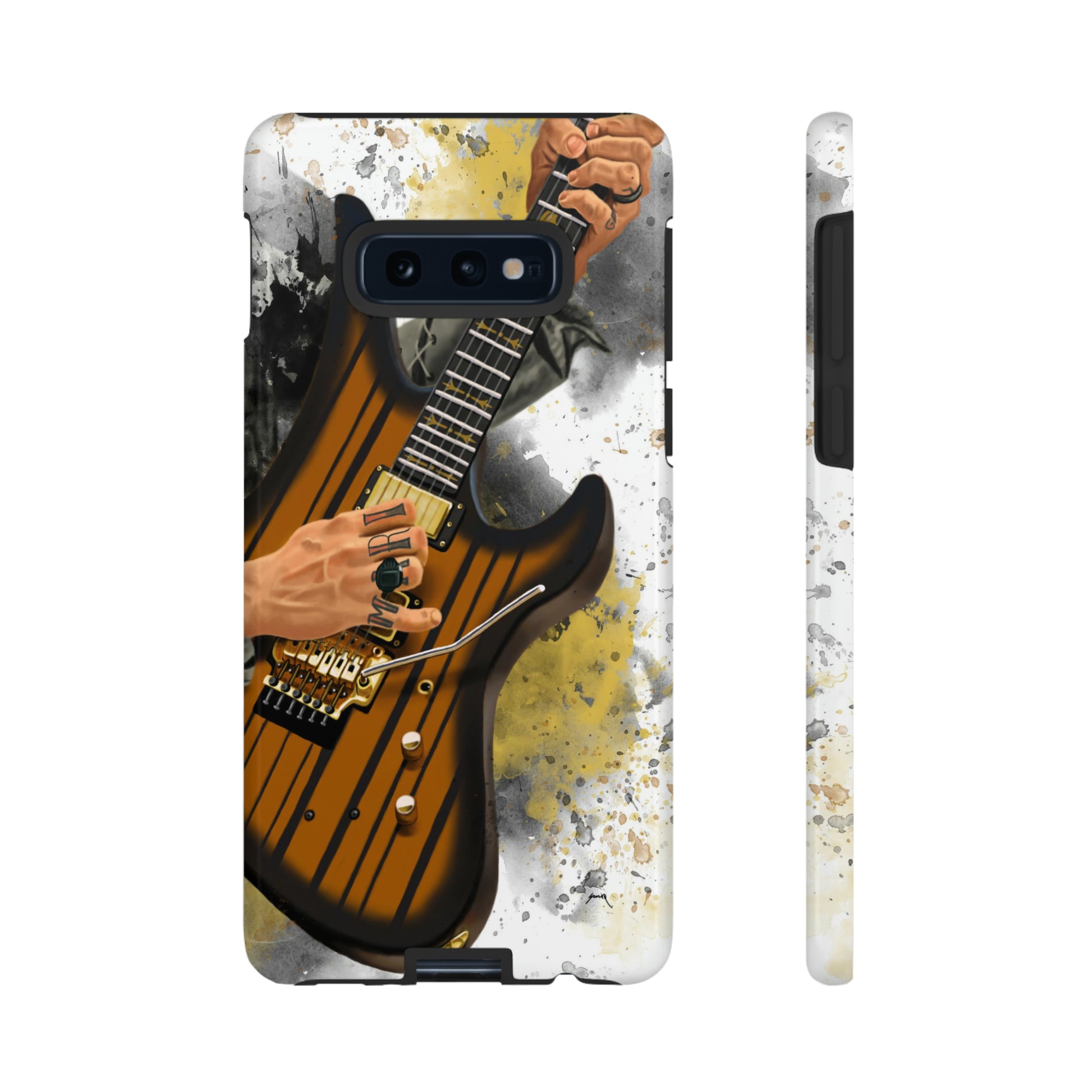 Digital painting of a burst black electric guitar with hands and tattoos printed on samsung tough case