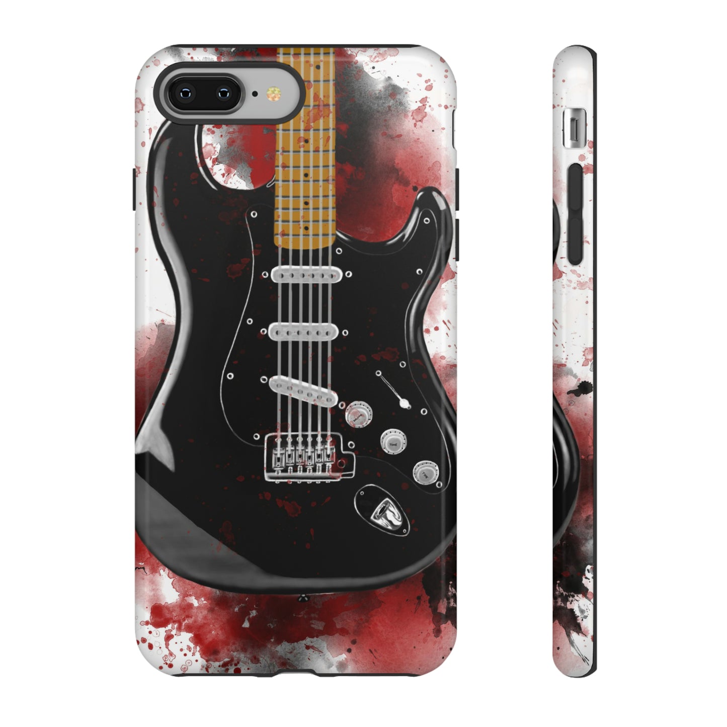 Digital painting of black electric guitar printed on an iphone phone case