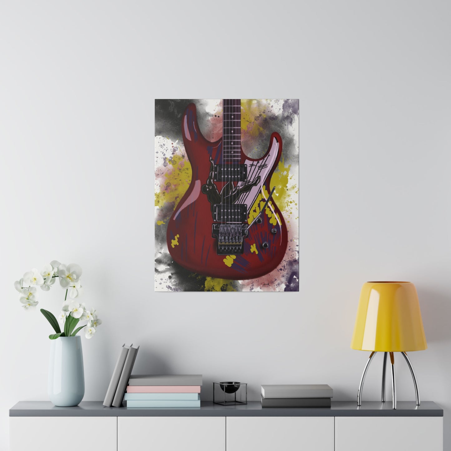 Digital painting of the alien electric guitar printed on canvas