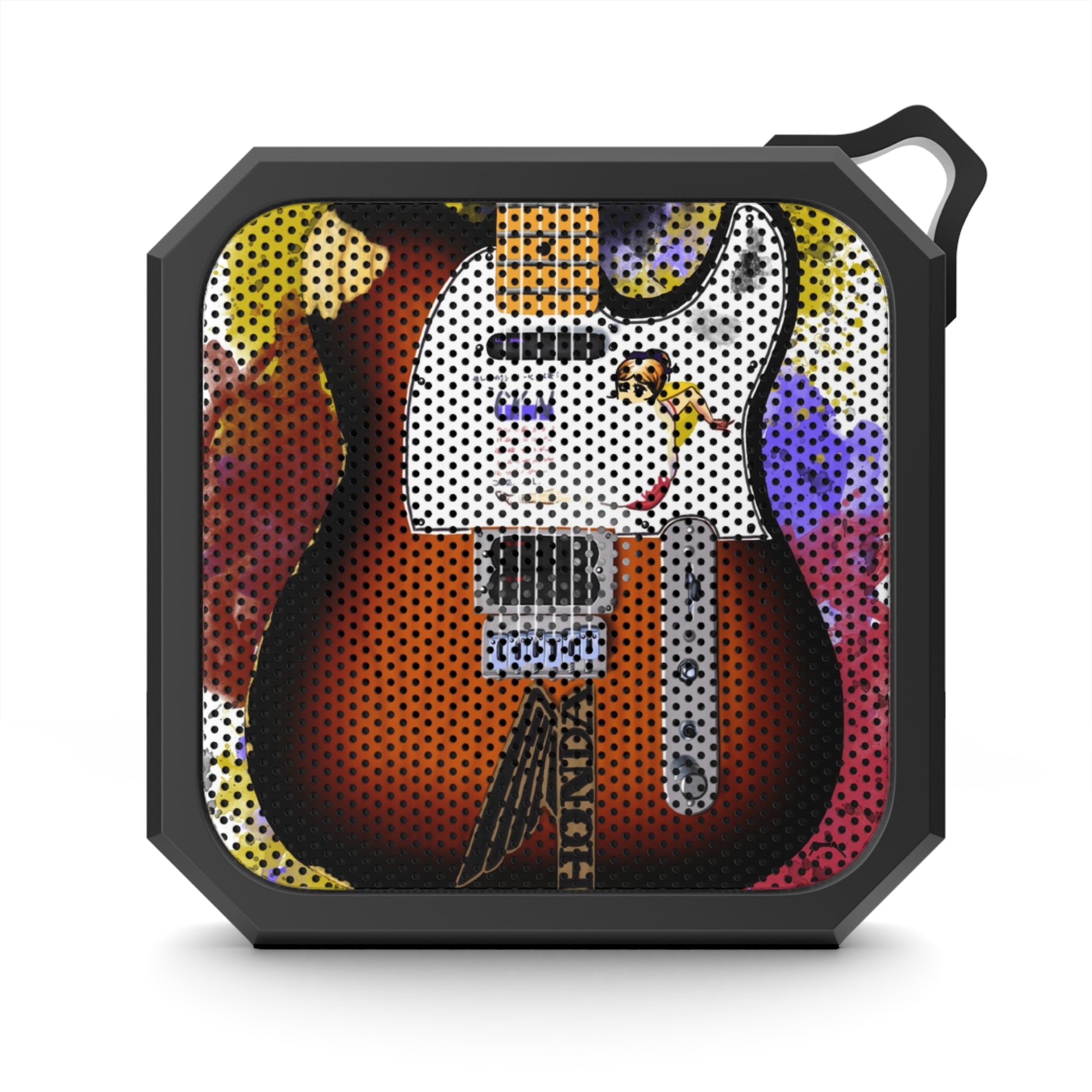 digital painting of a sunburst electric guitar with stickers printed on a bluetooth speakaer