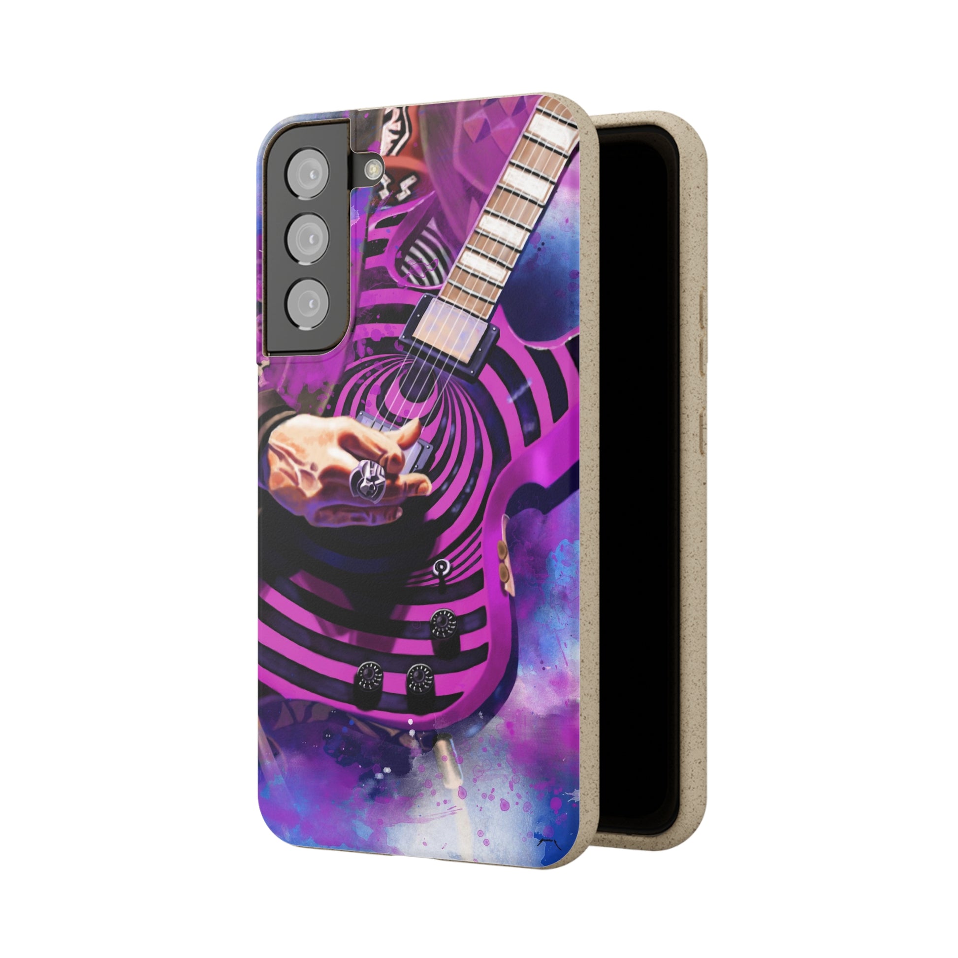 Digital painting of a purple black electric guitar with hand printed on a biodegradable samsung phone case