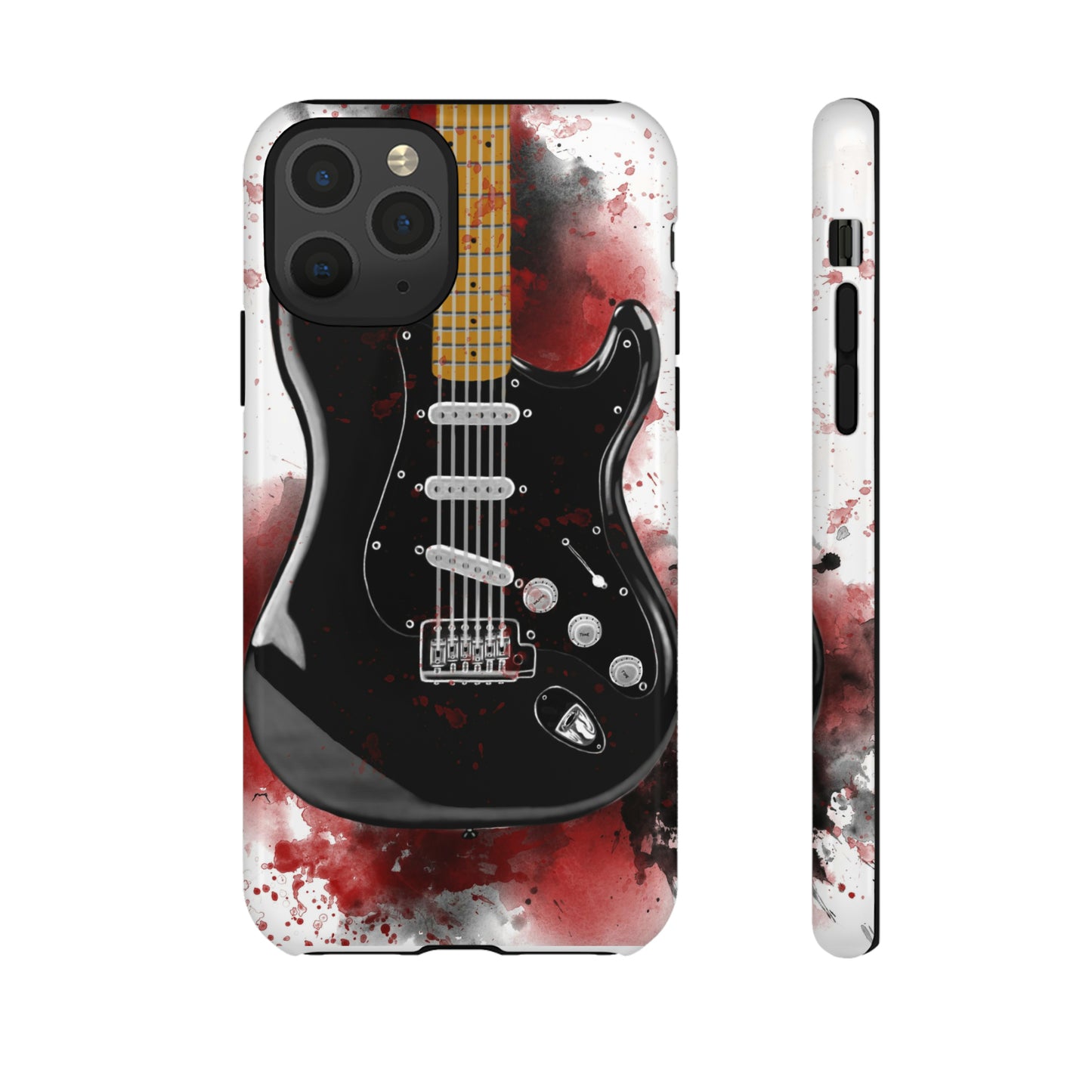 Digital painting of black electric guitar printed on an iphone phone case