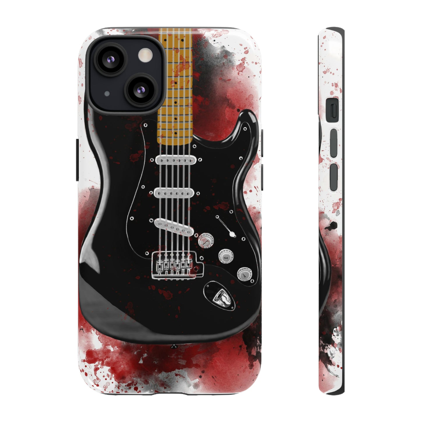 Digital painting of black electric guitar printed on an iphone phone case