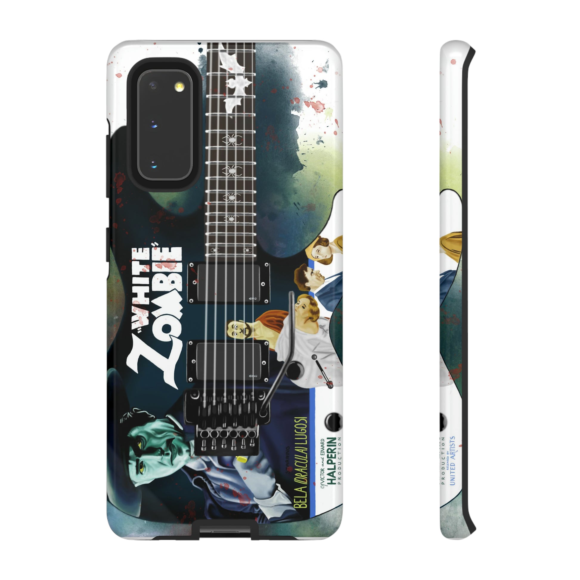 Digital painting of a blue electric guitar with a vintage movie poster on it printed on samsung phone case