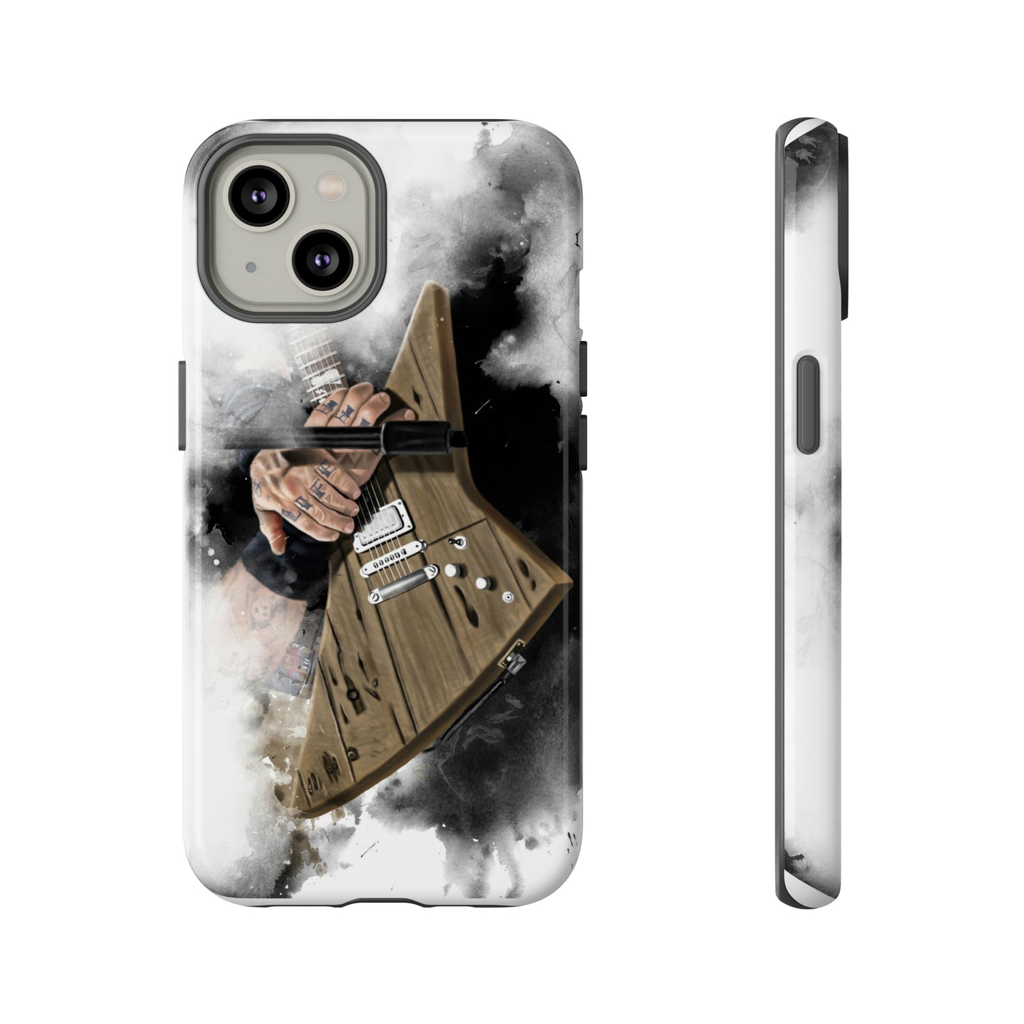 Digital painting of a brown electric guitar with hands printed on an iphone phone case