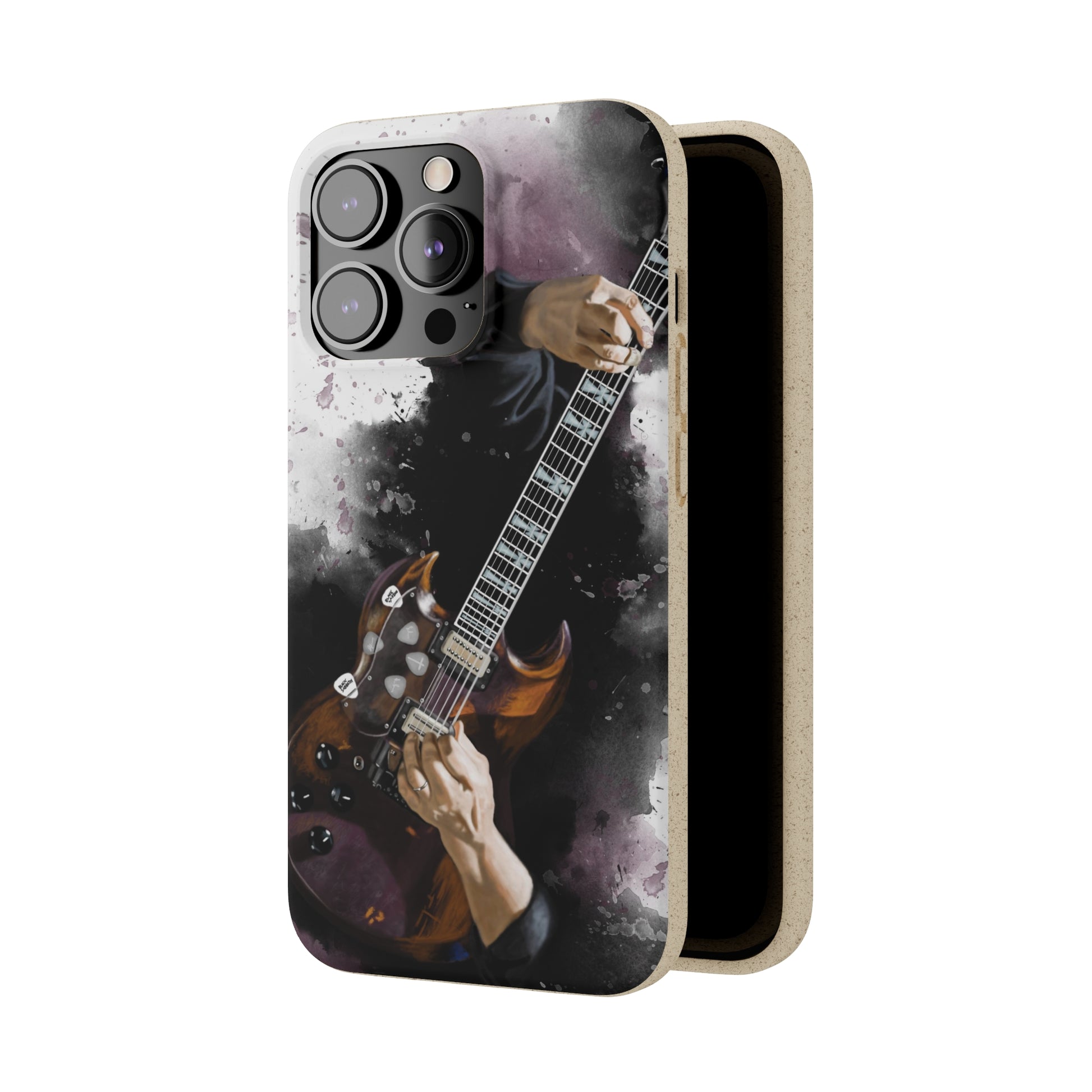 digital painting of a vintage black electric guitar printed on biodegradable iphone phone case