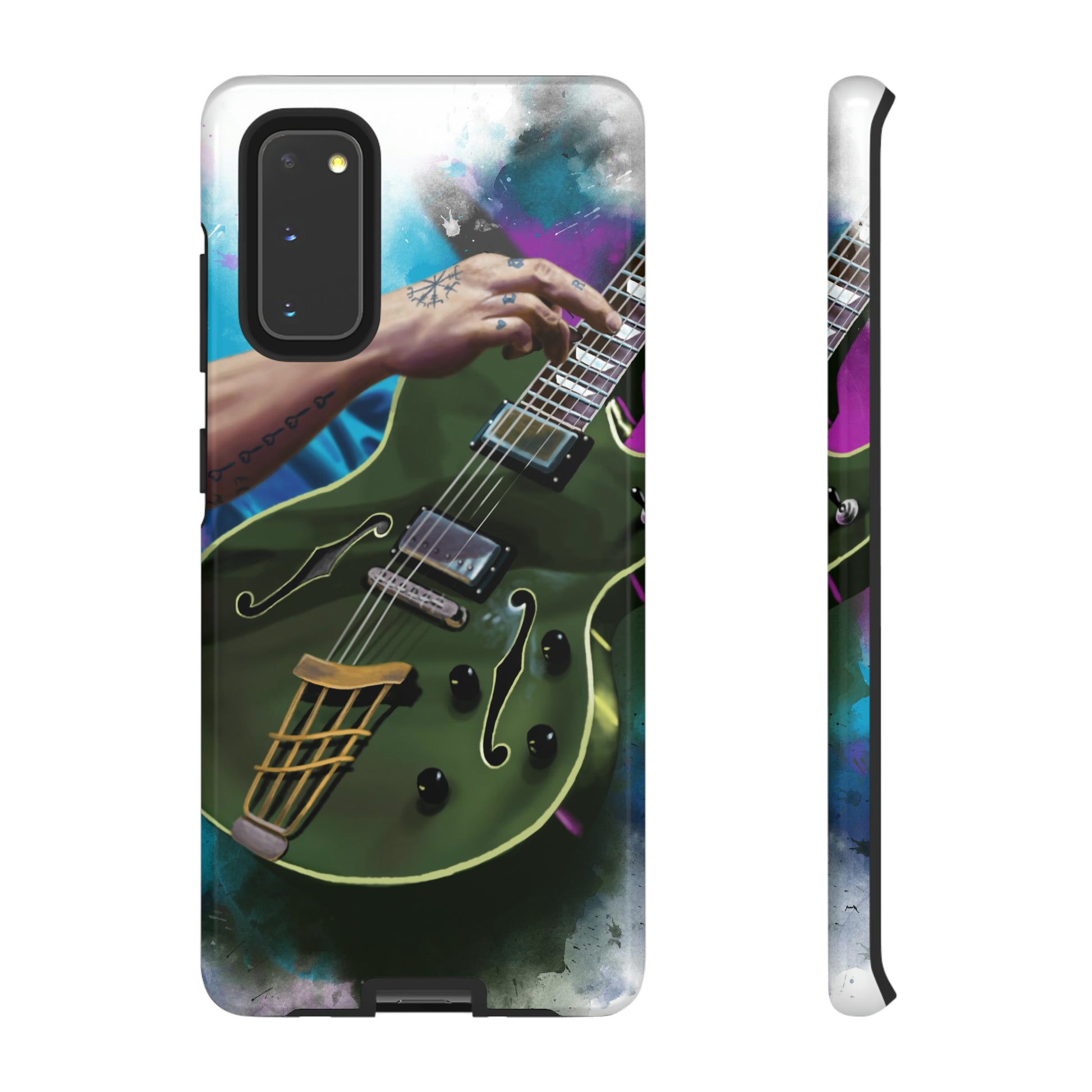 Digital painting of an olive green electric guitar with hand printed on samsung tough case