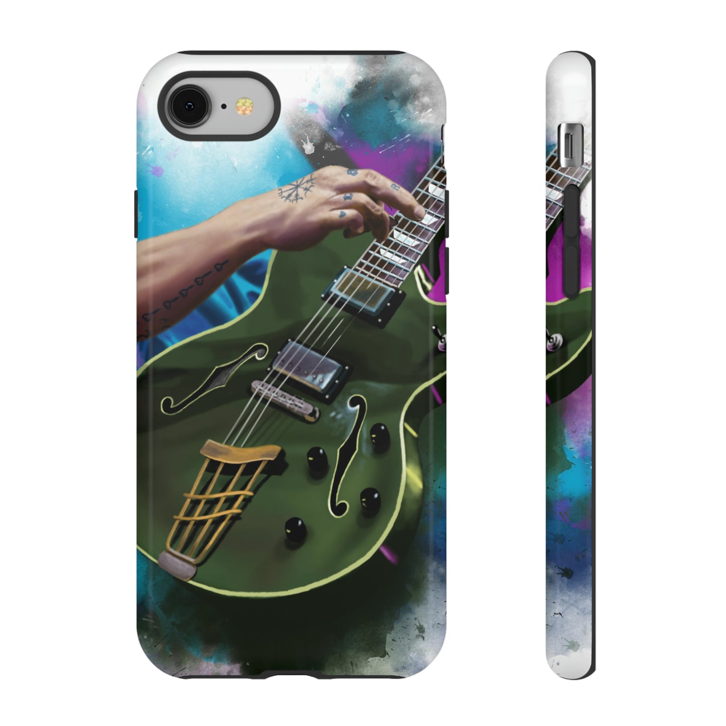 Digital painting of an olive green electric guitar with hand printed on iphone tough case