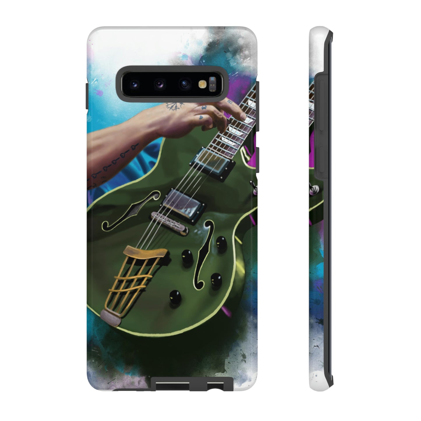 Digital painting of an olive green electric guitar with hand printed on samsung tough case