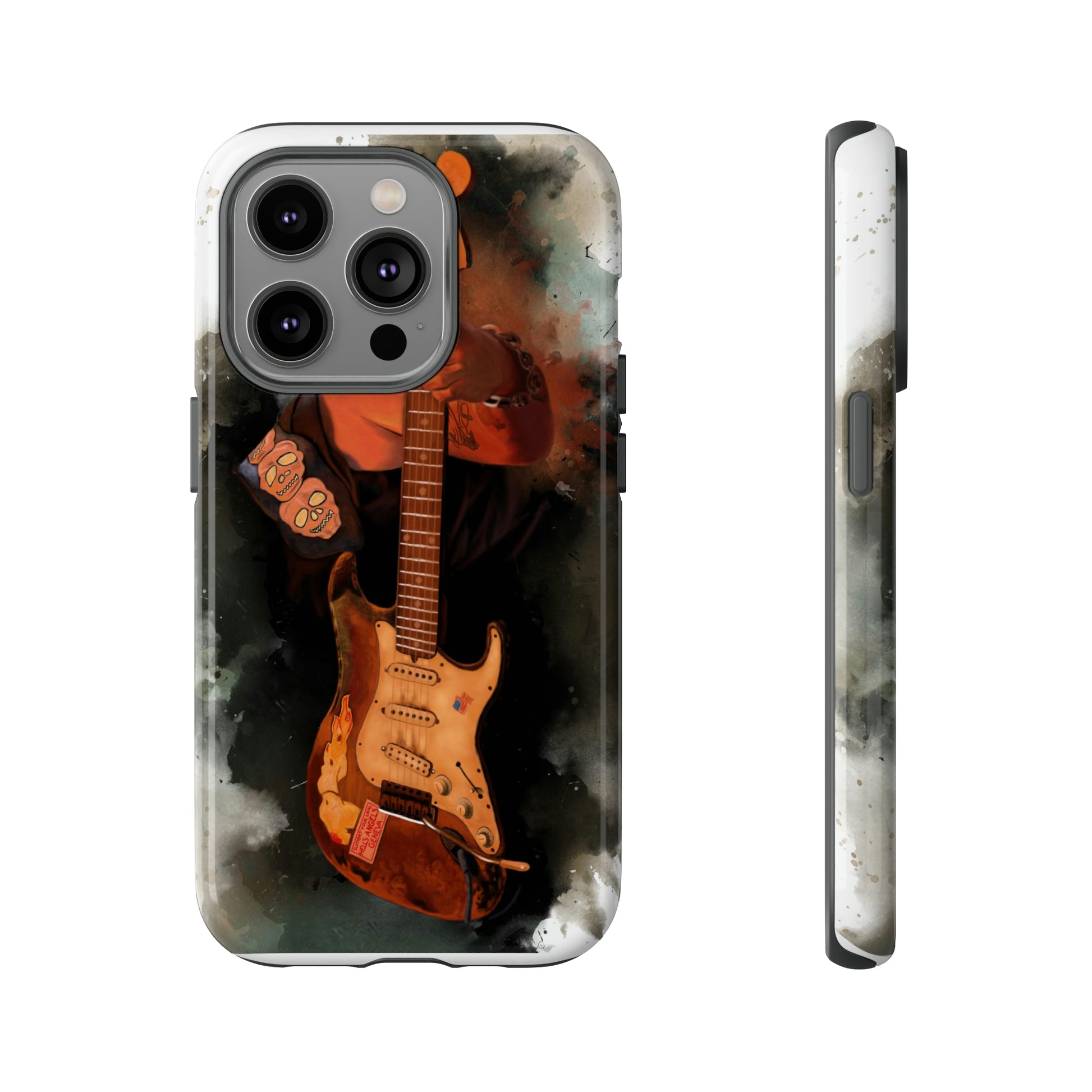 Digital painting of a heavy used vintage sunburst electric guitar with hand printed on iphone phone case