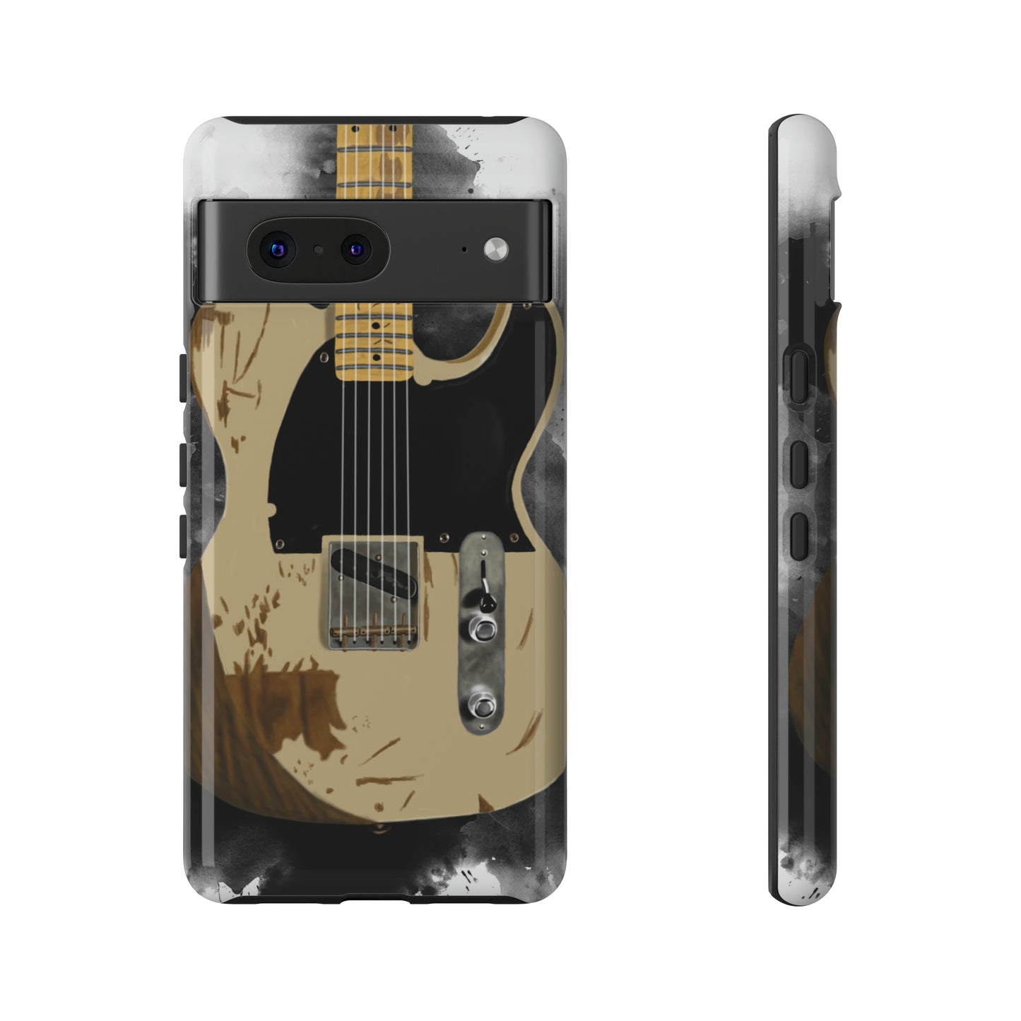 Digital painting of a white-black vintage electric guitar printed on a google phone case