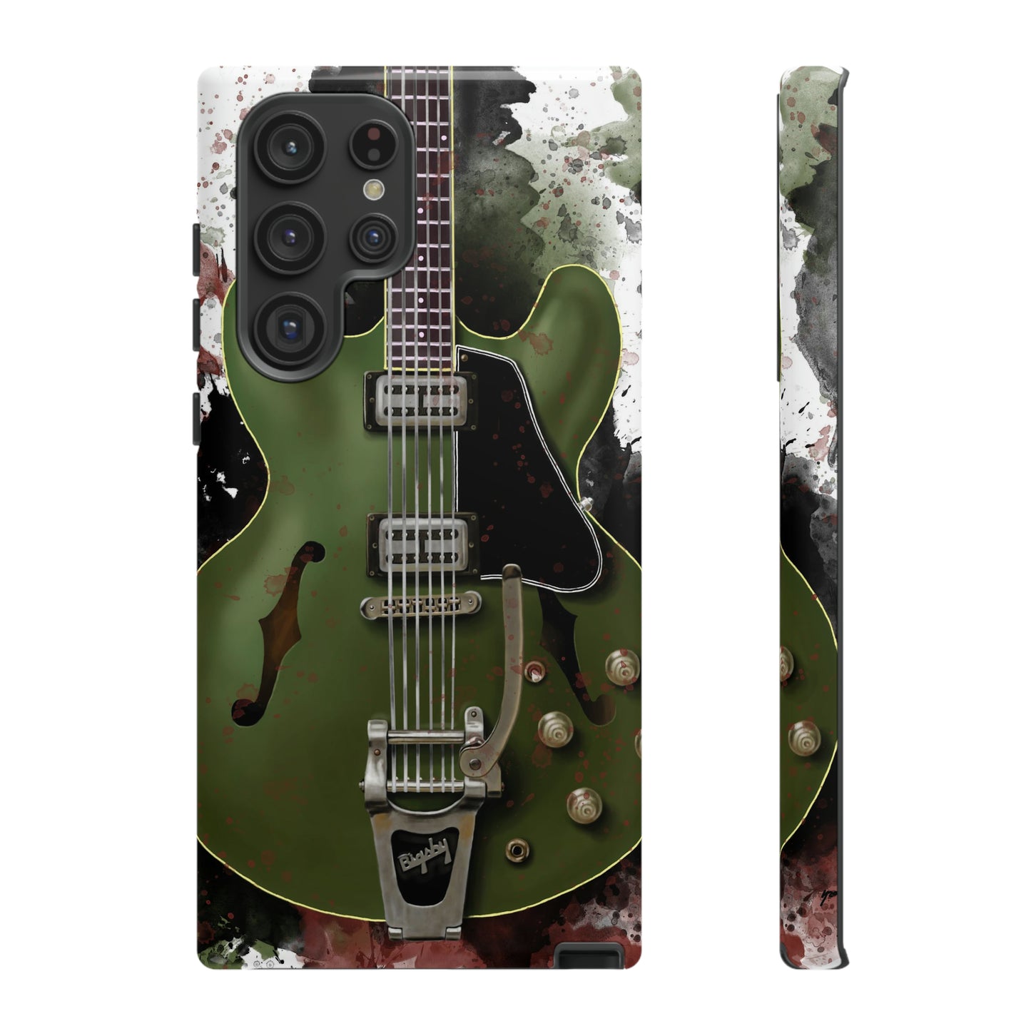 digital painting of a green electric guitar printed on a samsung phone case