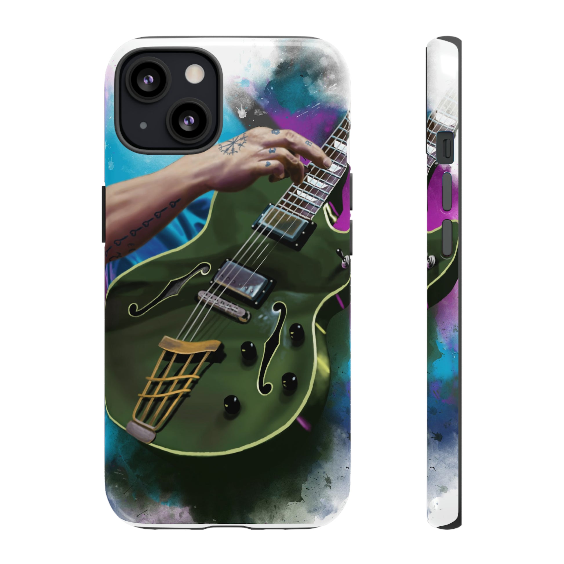 Digital painting of an olive green electric guitar with hand printed on iphone tough case