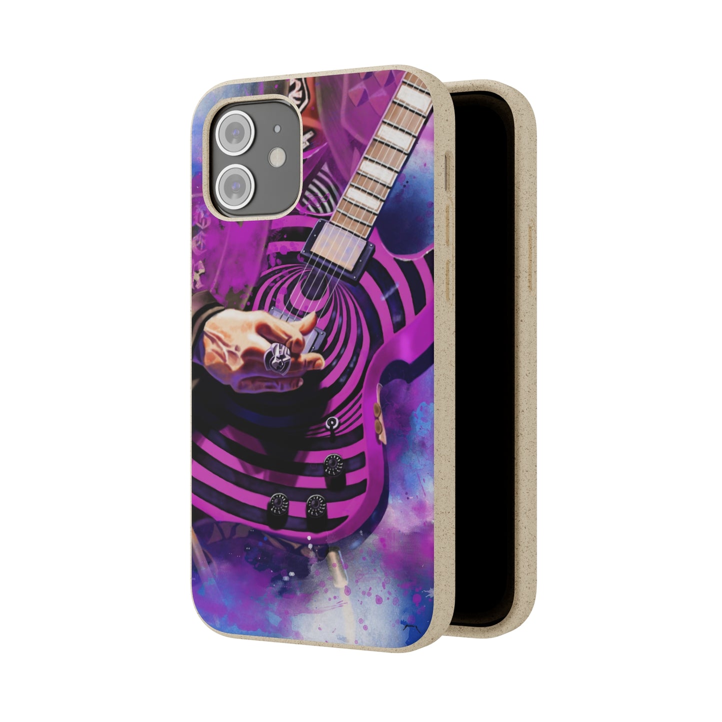 Digital painting of a purple black electric guitar with hand printed on a biodegradable iphone phone case