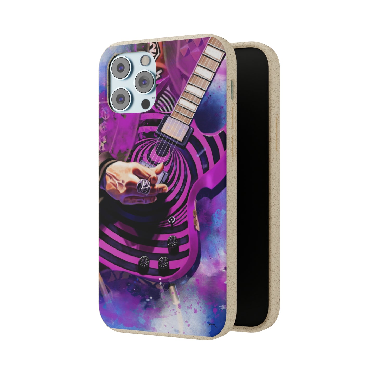 Digital painting of a purple black electric guitar with hand printed on a biodegradable iphone phone case