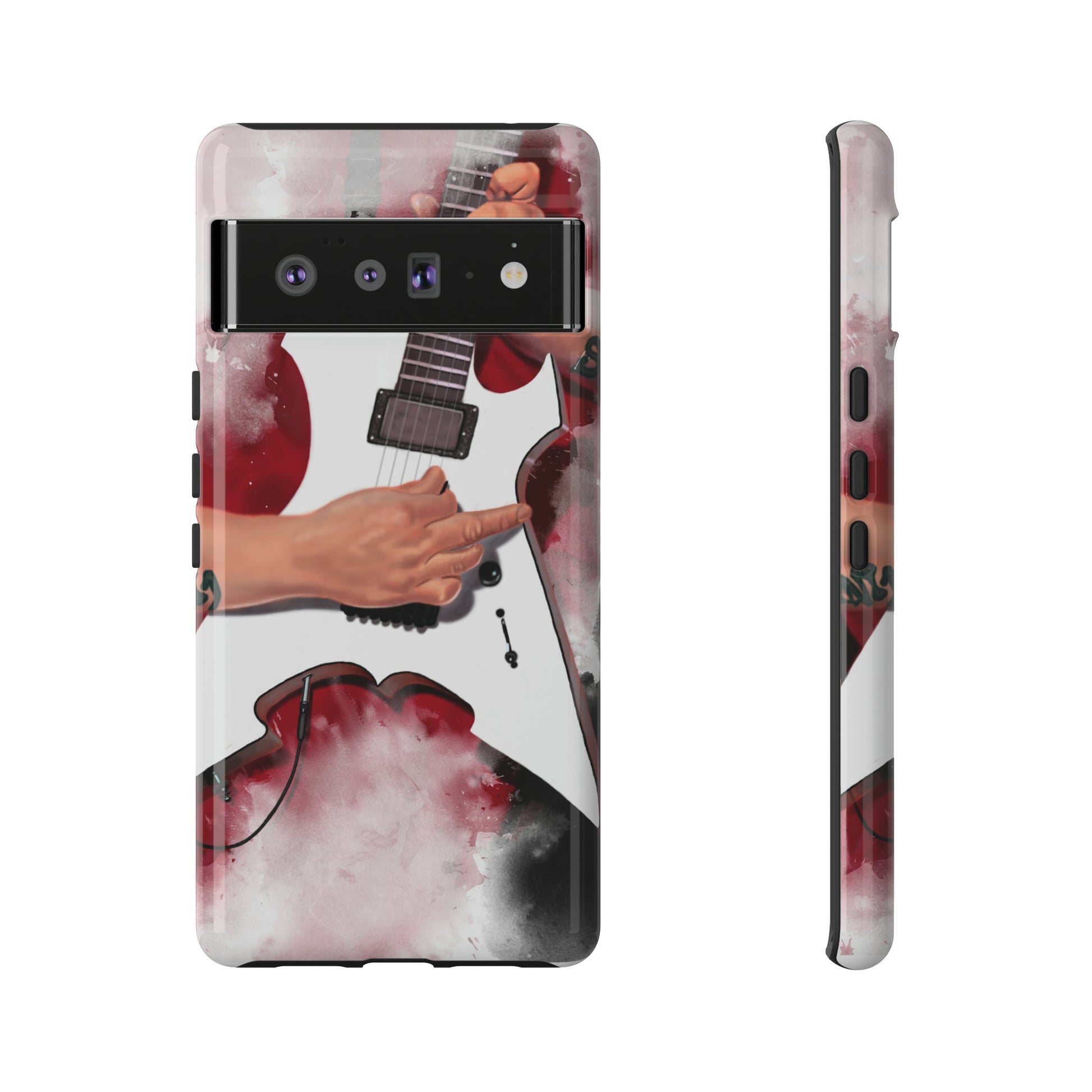 digital painting of white electric guitar with hands printed on google tough phone case