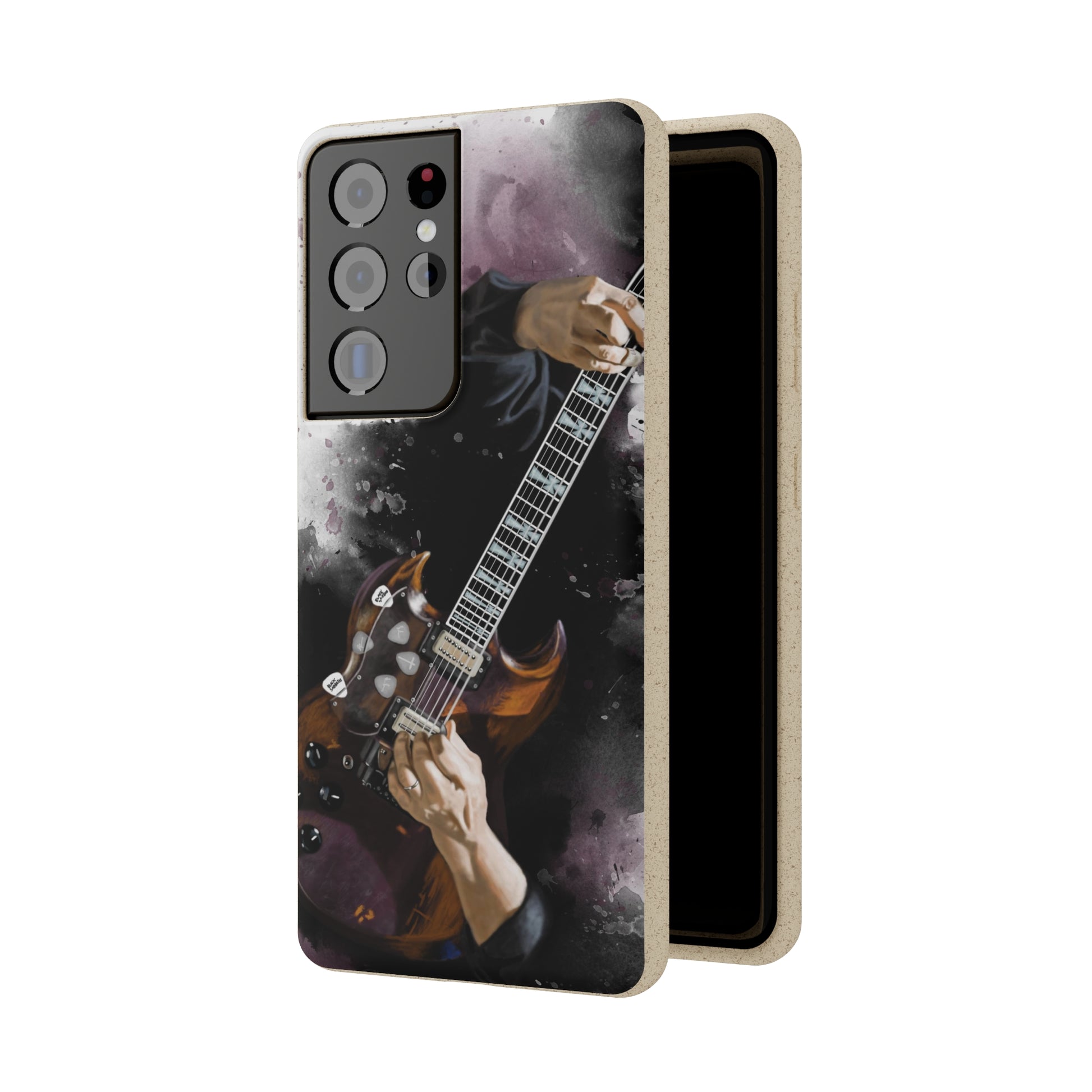 digital painting of a vintage black electric guitar with hands printed on biodegradable samsung phone case