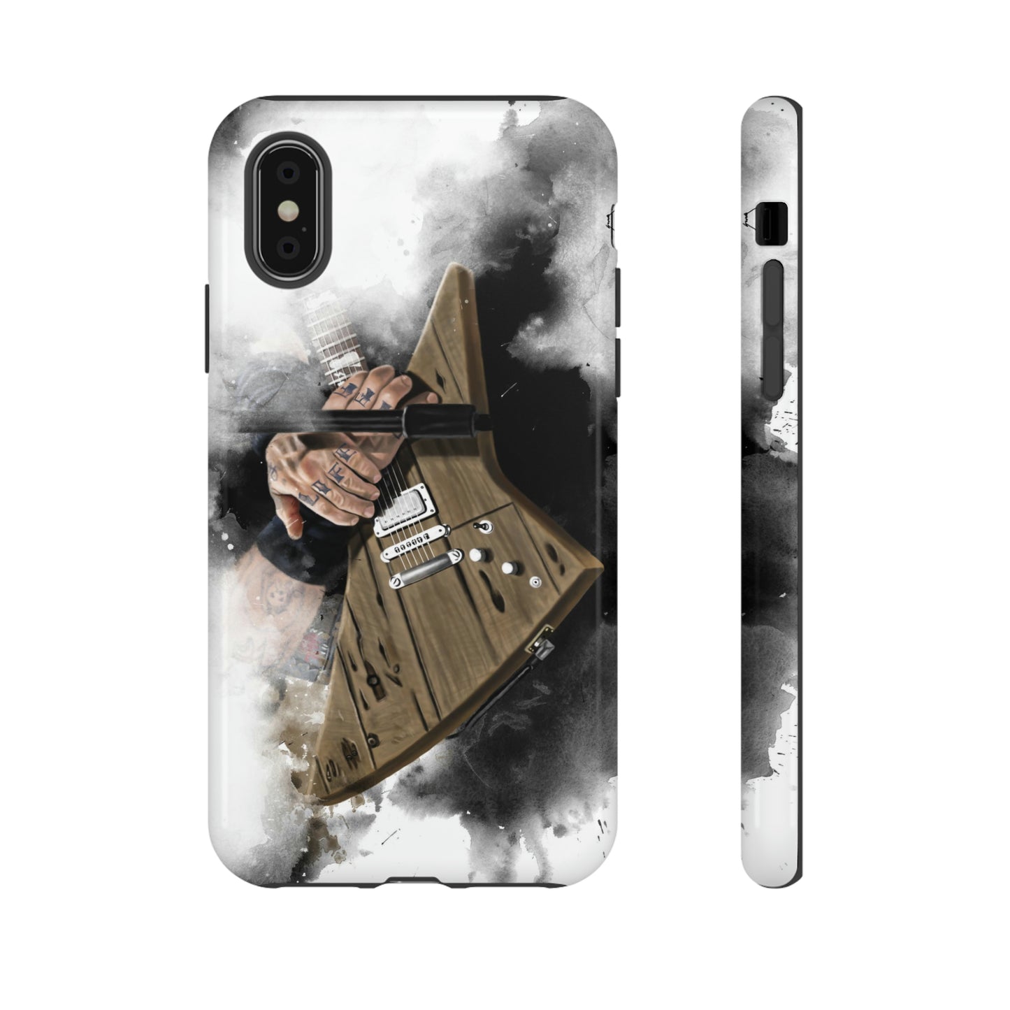 Digital painting of a brown electric guitar with hands printed on an iphone phone case